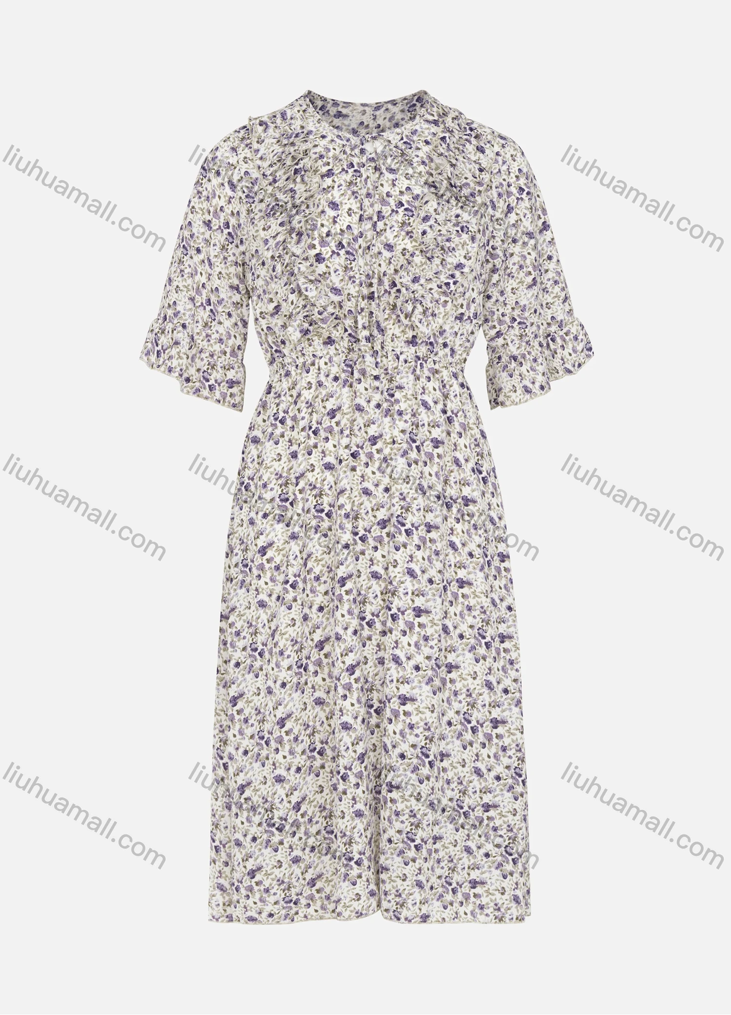 Wholesale Women's Casual Comfy Tie Neck Ruffle Sleeve Ditsy Floral Midi Dress - Liuhuamall