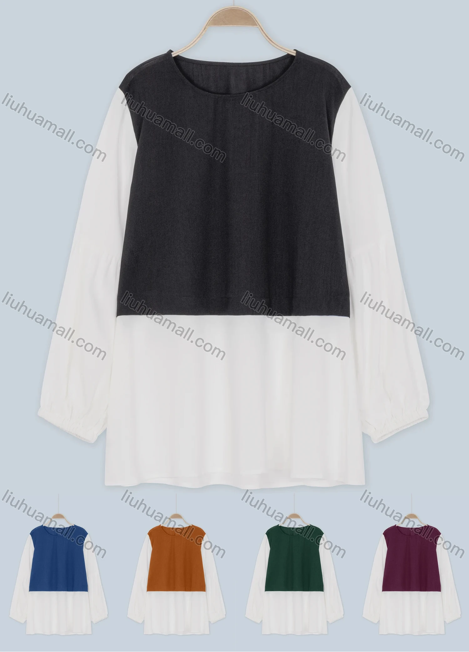 Wholesale Women's Casual Round Neck Elastic Cuff Stiching Color Round Neck Blouse - Liuhuamall