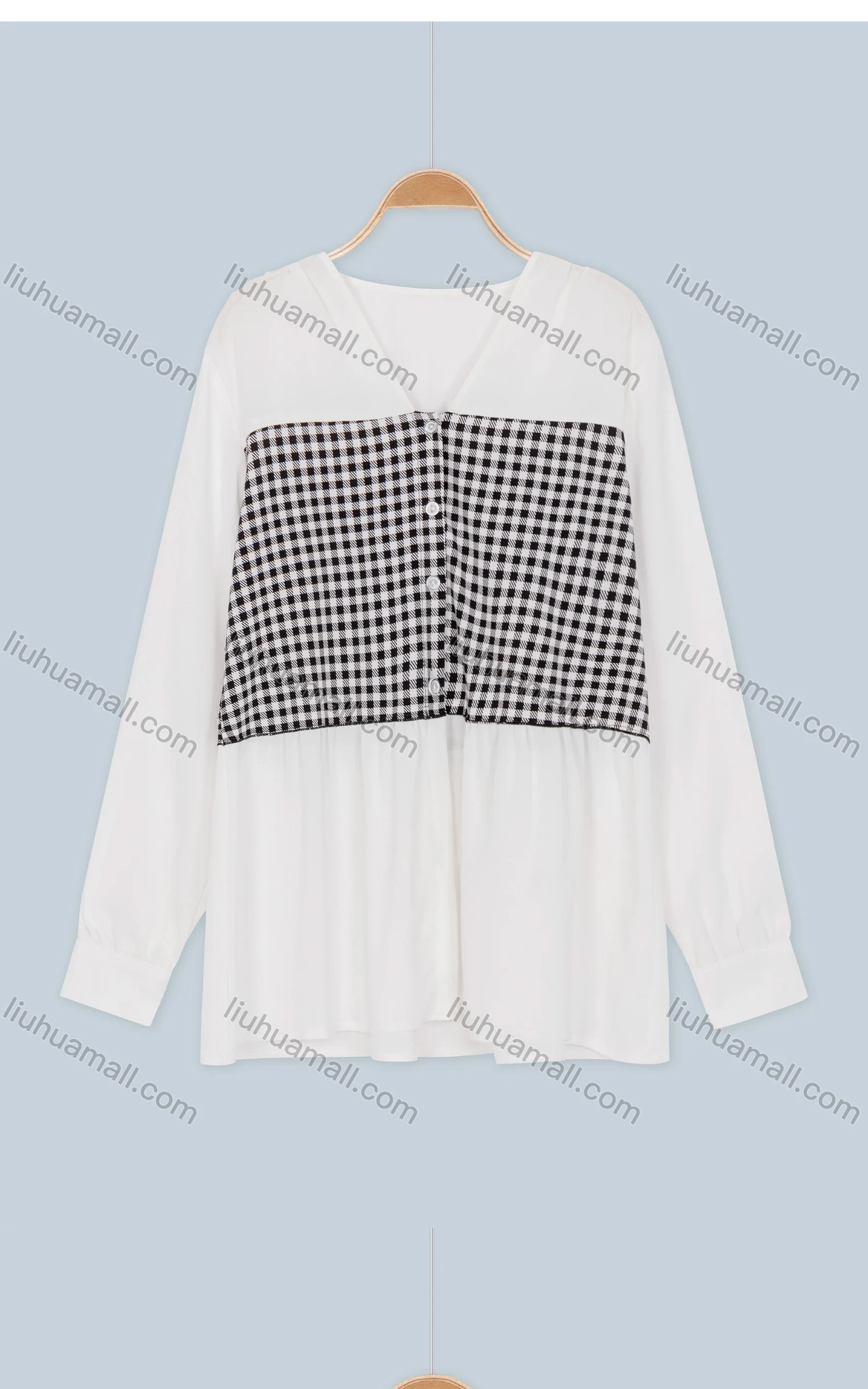 Wholesale Women's Fall Comfy Buckled Cuff Checkered V Neck Button Front Blouse - Liuhuamall