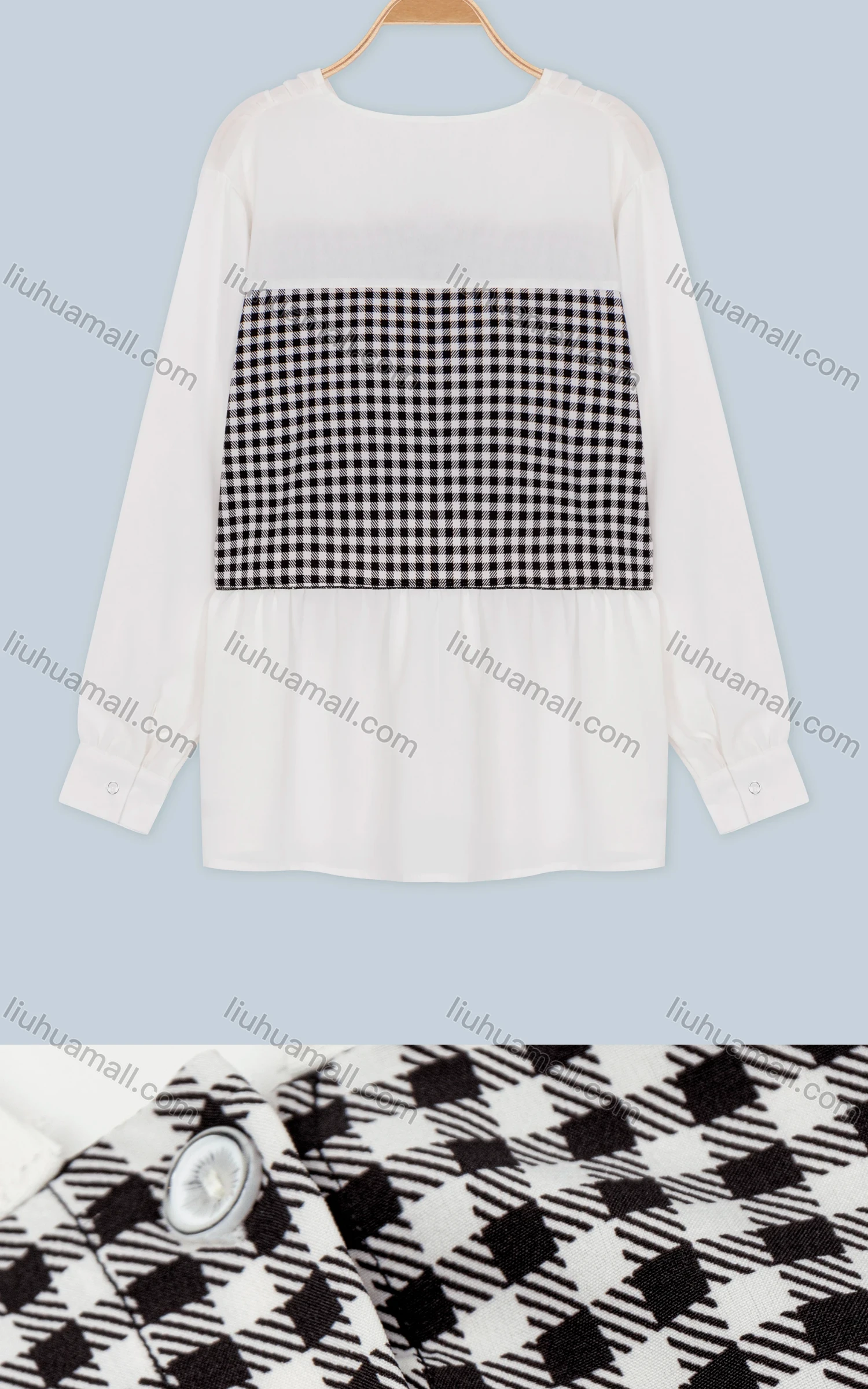 Wholesale Women's Fall Comfy Buckled Cuff Checkered V Neck Button Front Blouse - Liuhuamall