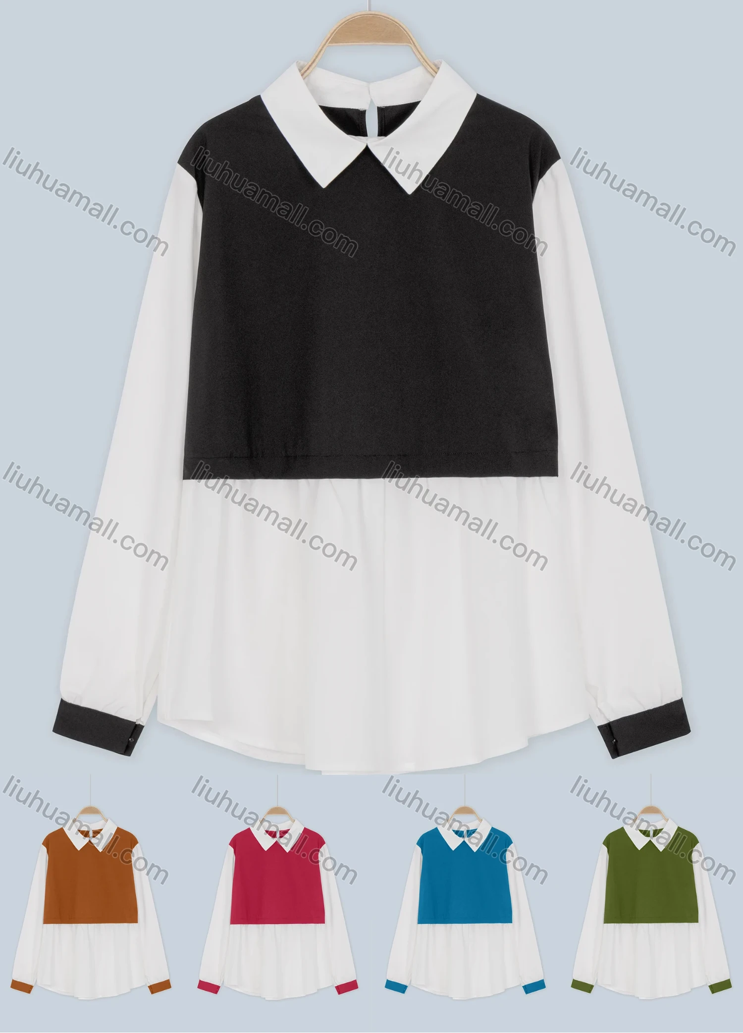 Wholesale Women's Casual Collared Stiching Color Buckled Cuff Blouse - Liuhuamall