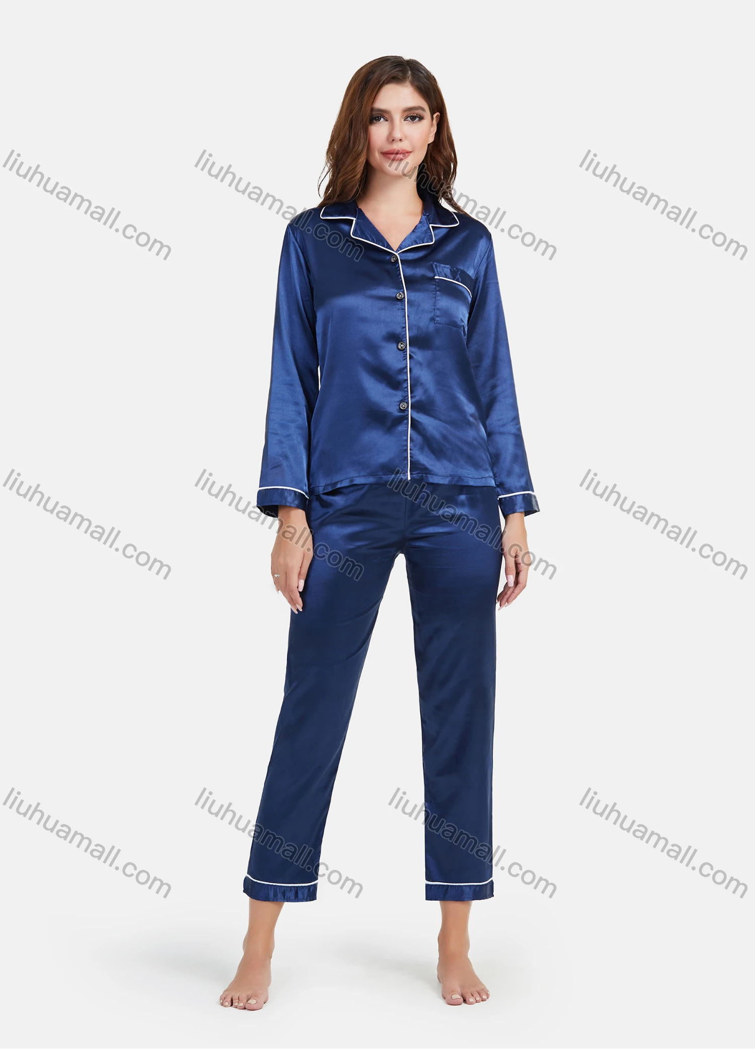 Wholesale Women's Comfy Ice Silk 2 Piece Satin Sleepwear Long Sleeve Pajamas Set L082903# - Liuhuamall