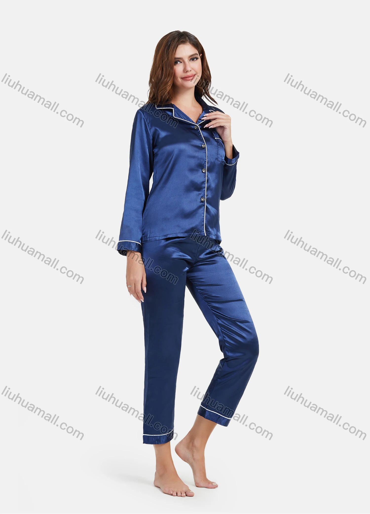 Wholesale Women's Comfy Ice Silk 2 Piece Satin Sleepwear Long Sleeve Pajamas Set L082903# - Liuhuamall