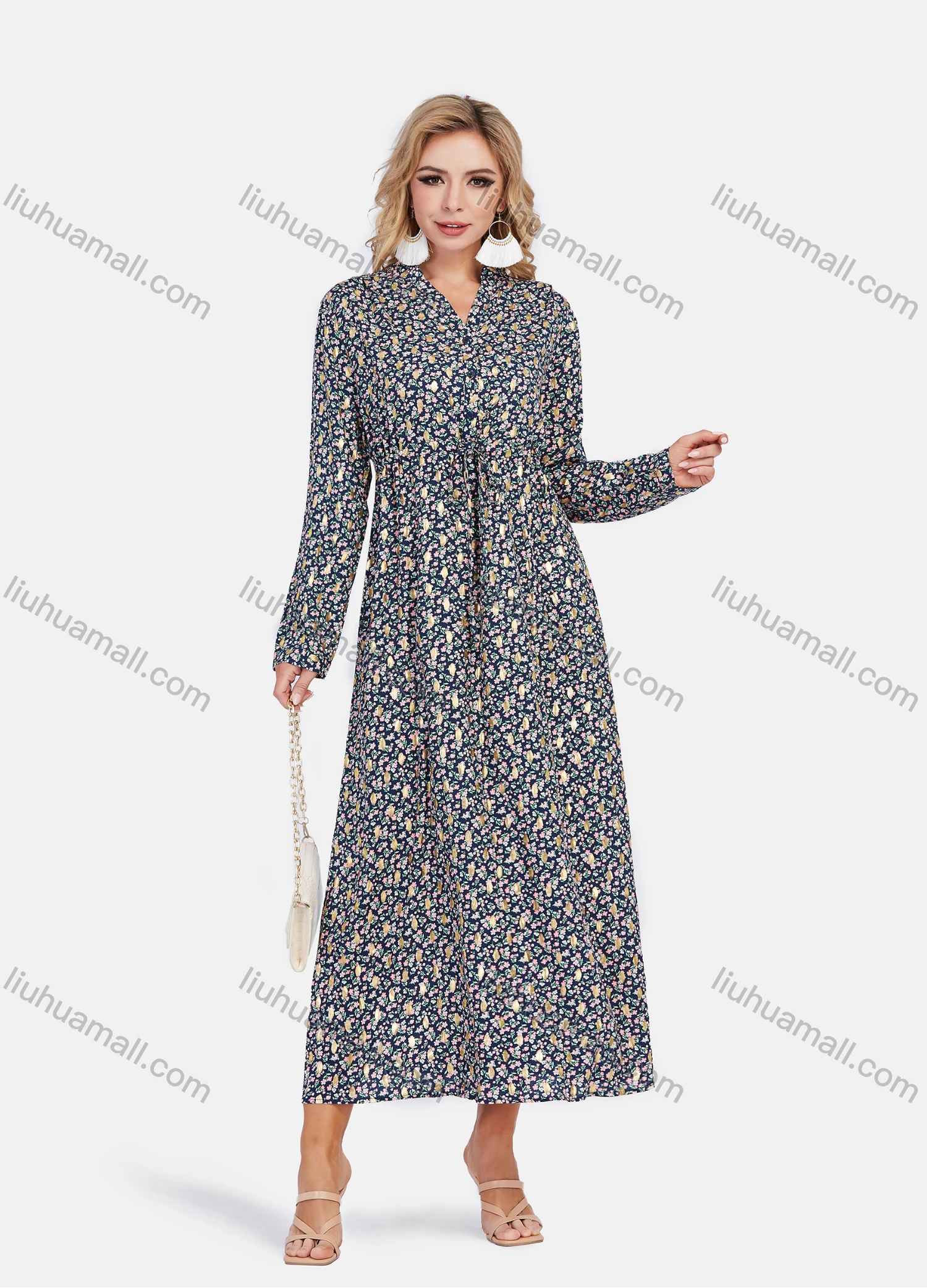 Wholesale Women's Ditsy Floral Print V Neck Long Sleeve High Waist Maxi Dress - Liuhuamall