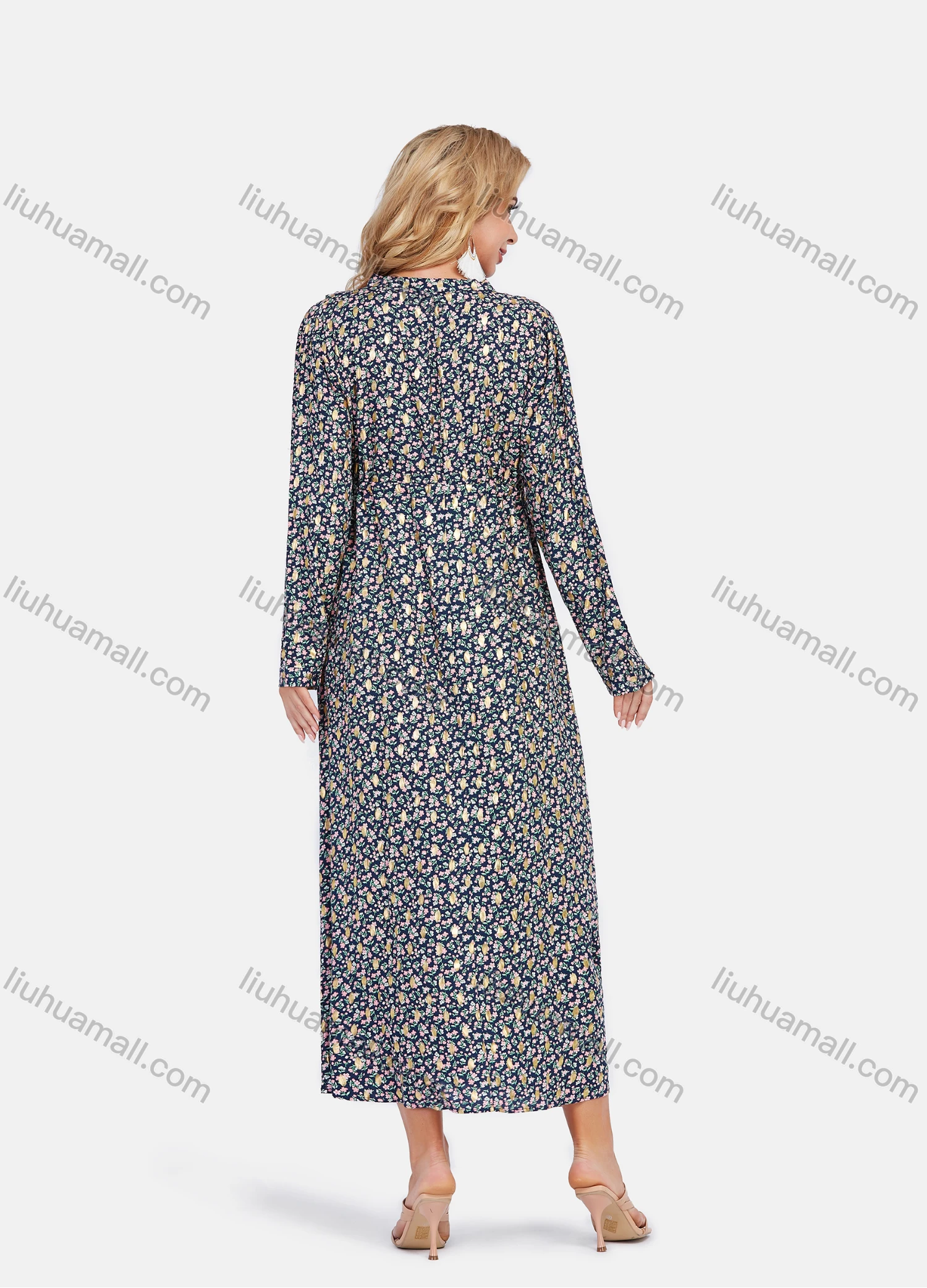 Wholesale Women's Ditsy Floral Print V Neck Long Sleeve High Waist Maxi Dress - Liuhuamall