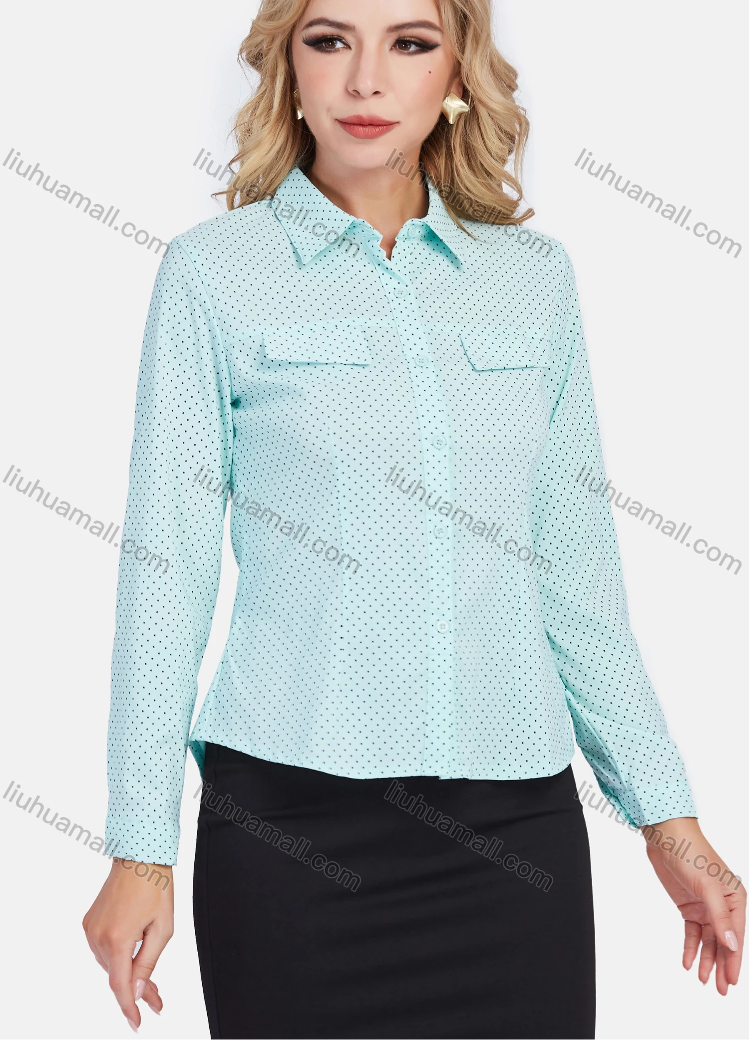 Wholesale Women's Polka Dot Fake Pockets Button Closure Casual Shirt - Liuhuamall