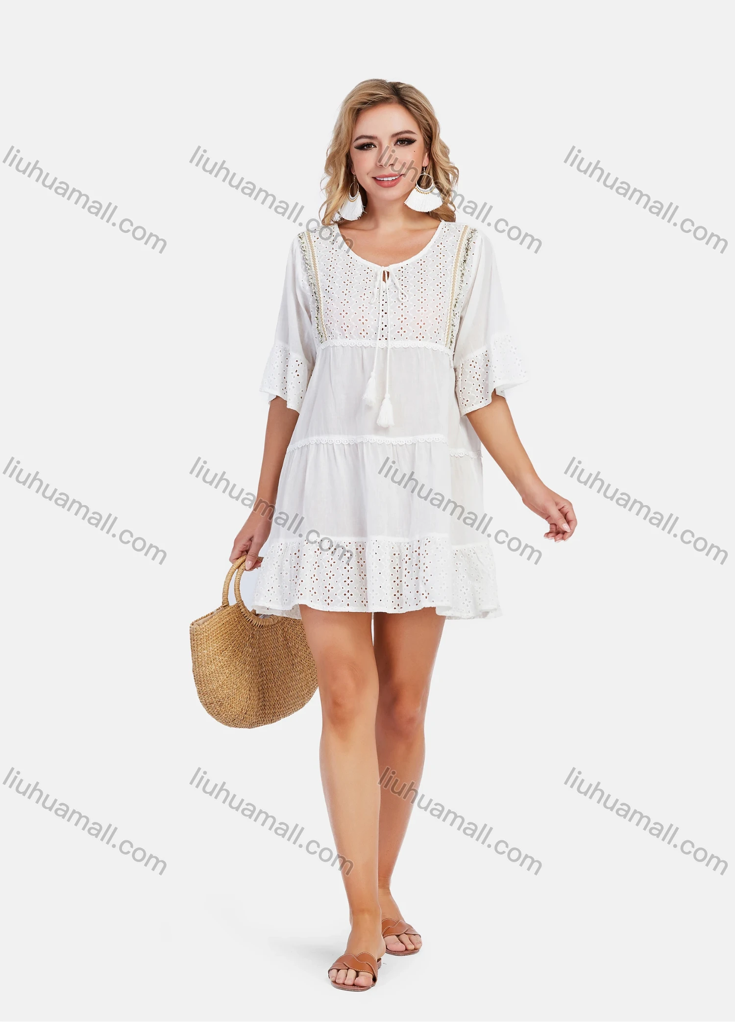 Wholesale Women's Boho Scoop Neck Tassel Eyelet Lace Ruffle Hem Bell Sleeve Mini Dress - Liuhuamall
