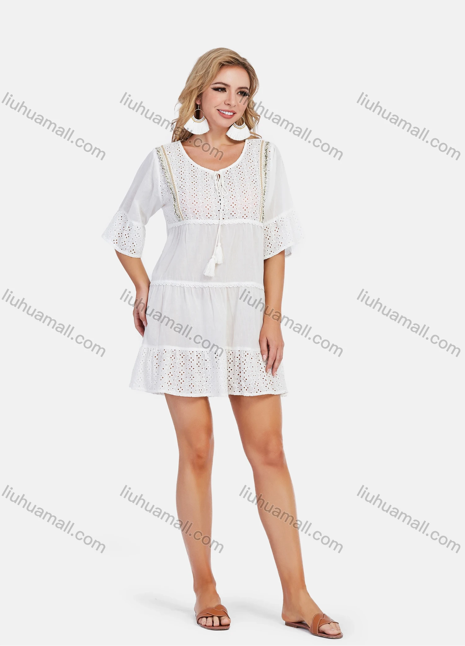 Wholesale Women's Boho Scoop Neck Tassel Eyelet Lace Ruffle Hem Bell Sleeve Mini Dress - Liuhuamall