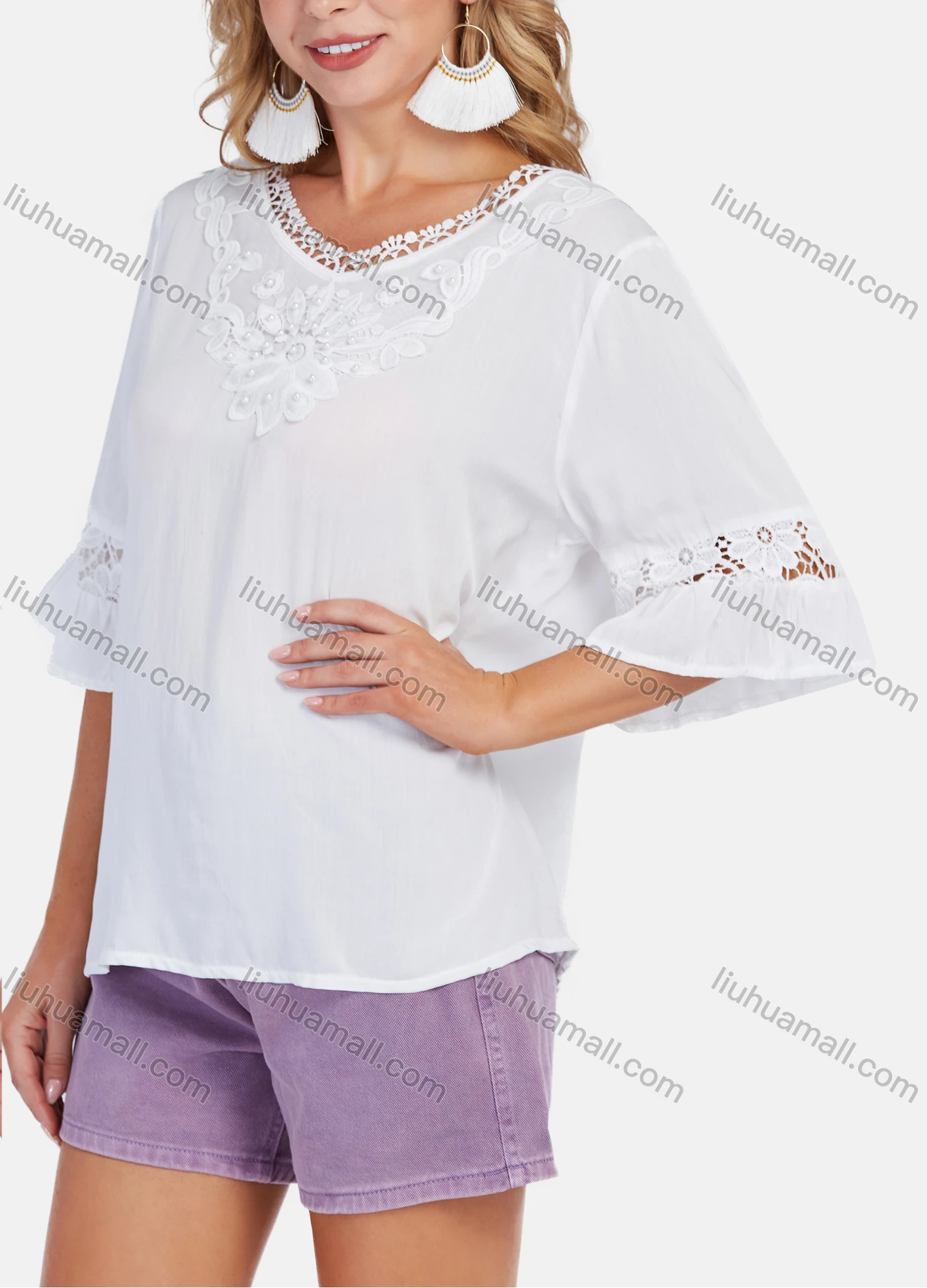 Wholesale Women's Boho Plain Ruffle Sleeve Lace Pearl Applique Cut Out Blouse - Liuhuamall