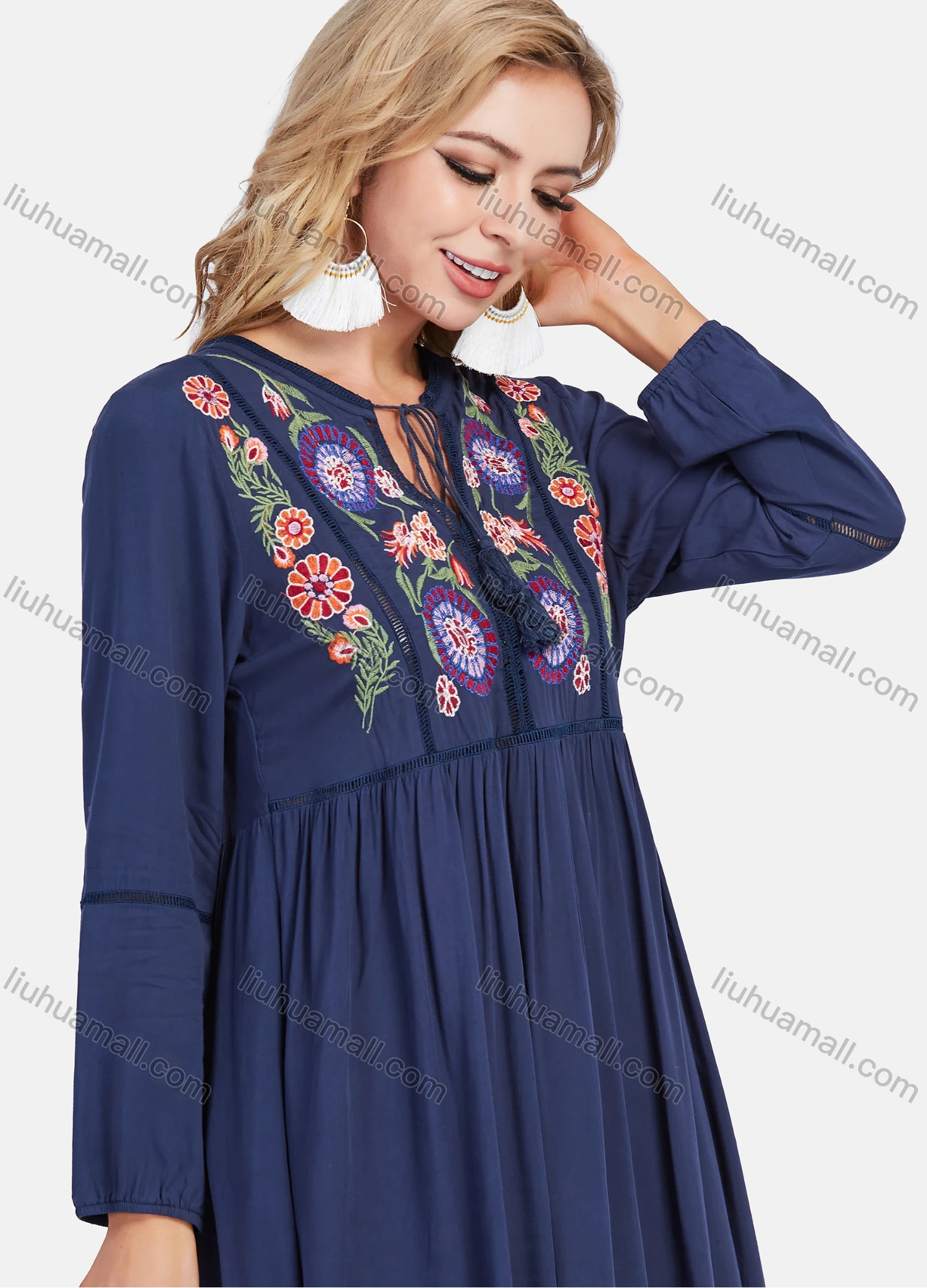 Wholesale Women's Boho Short Sleeve Tassel Tie Neck Embroidery Ruffle Hem Short Dress - Liuhuamall