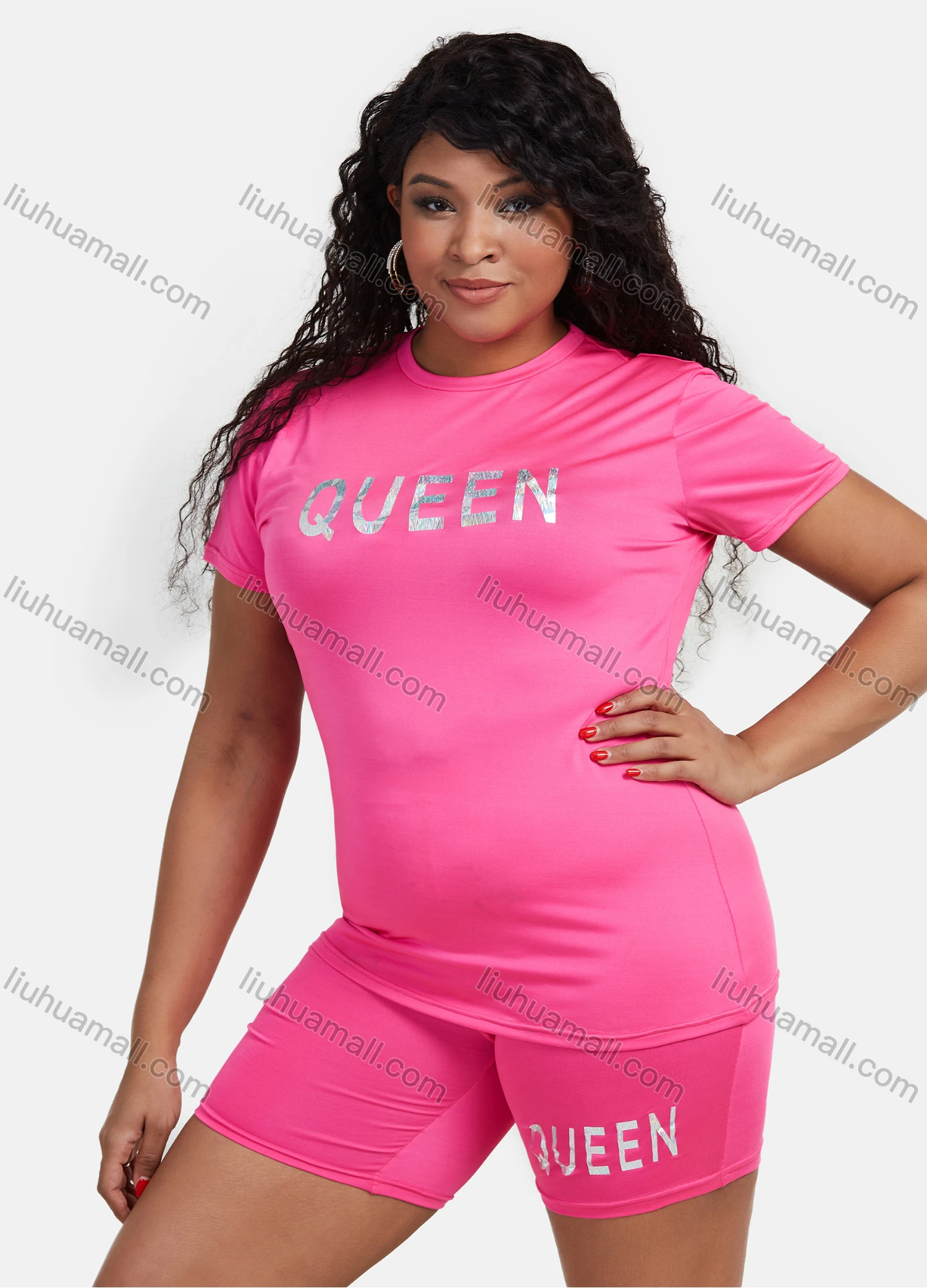 Wholesale Women's Milk Silk Short Sleeve Silver Pressed Letter T Shirt 2 Piece Homewear Set 211019# - Liuhuamall