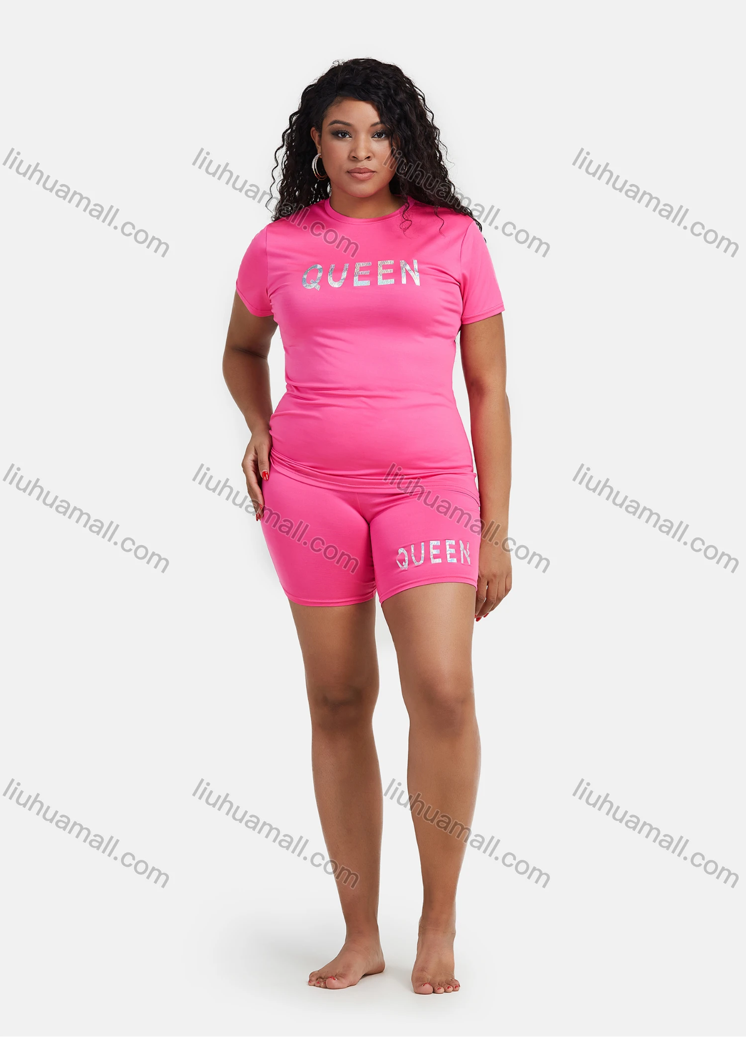 Wholesale Women's Milk Silk Short Sleeve Silver Pressed Letter T Shirt 2 Piece Homewear Set 211019# - Liuhuamall