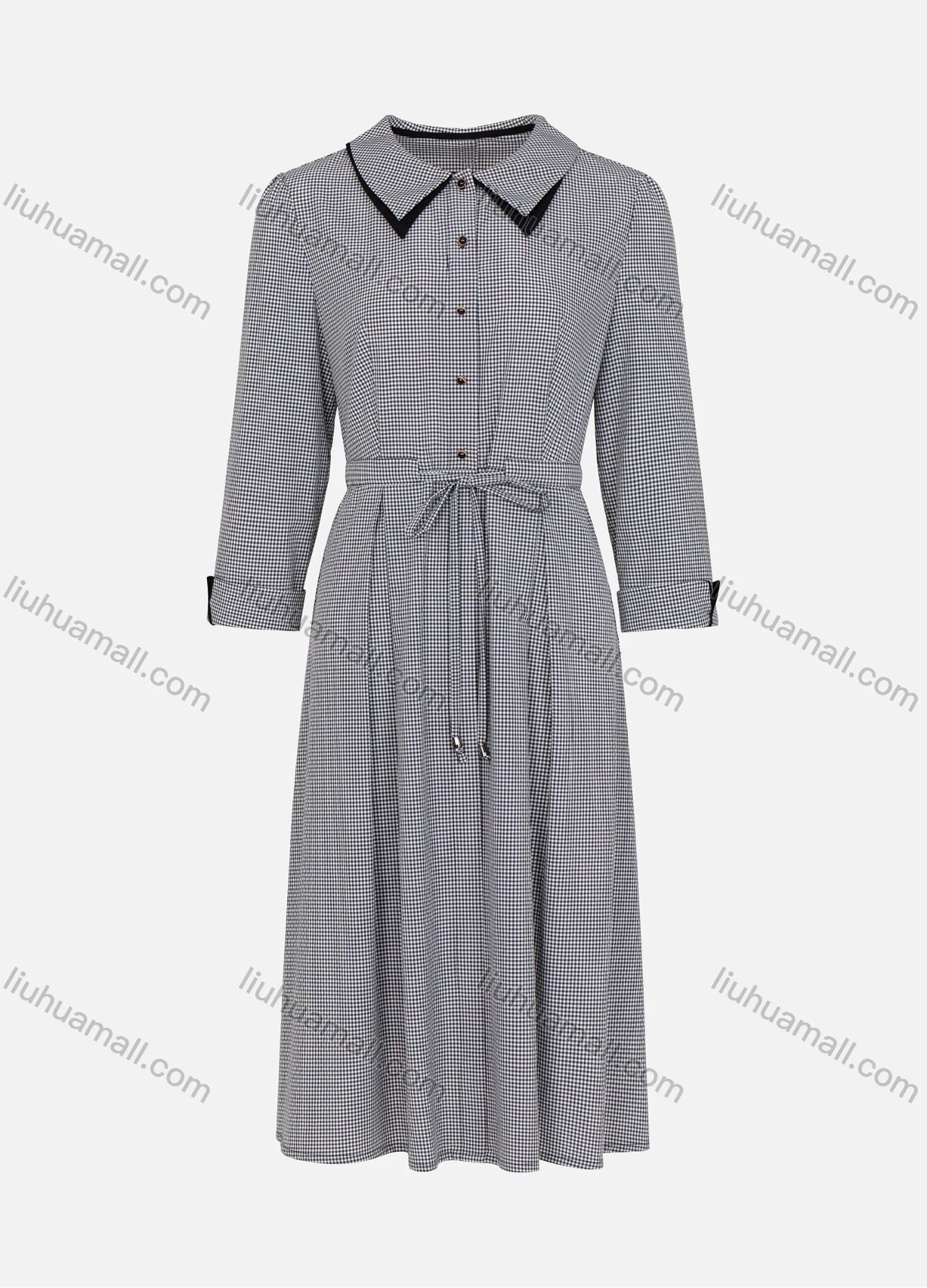 Wholesale Women's Casual Plaid Print Collared Button Front Long Sleeve Maxi Shirt Dress With Belt - Liuhuamall