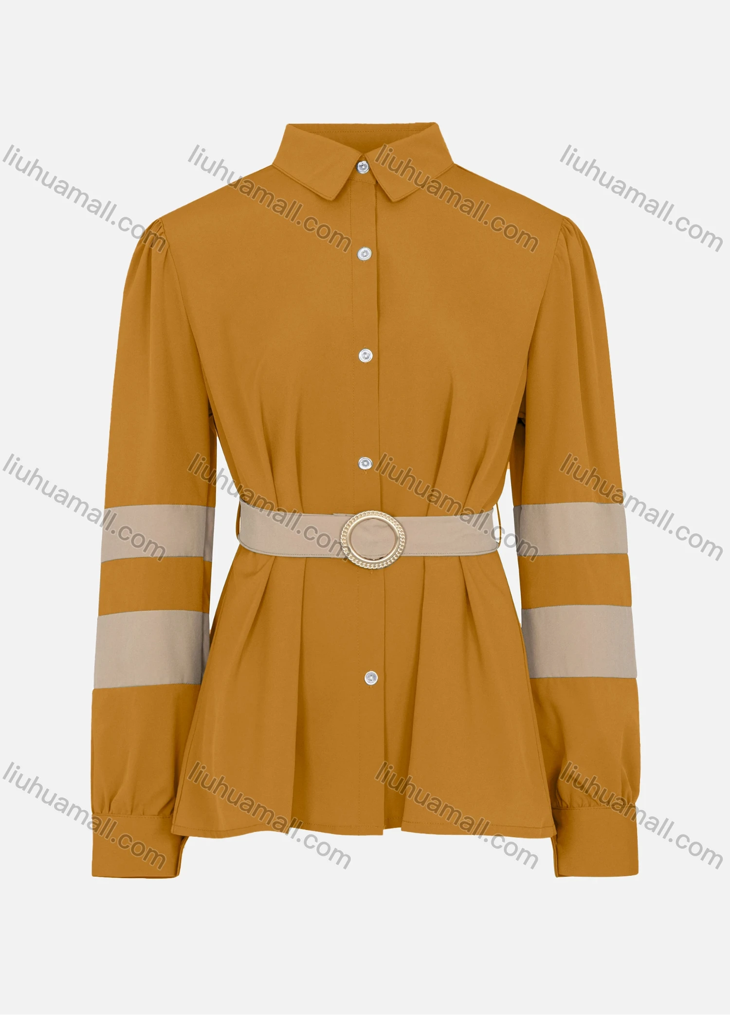 Wholesale Women's Elegant Collared Button Front Closure High Waist Shirt With Belt - Liuhuamall