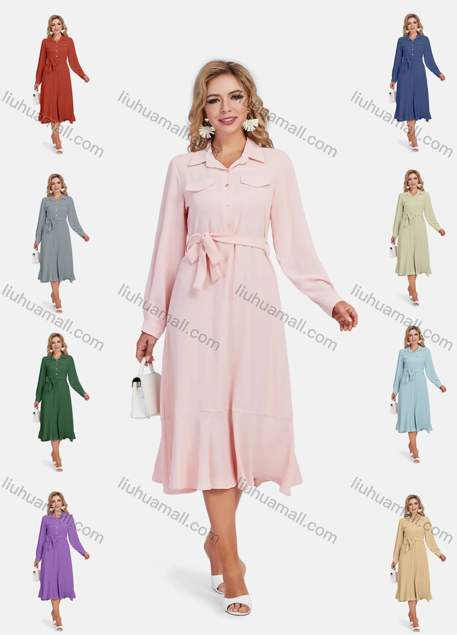 Wholesale Women's Lapel A-Line Tie Front Button Front Plain Midi Shirt Dress With Belt - Liuhuamall