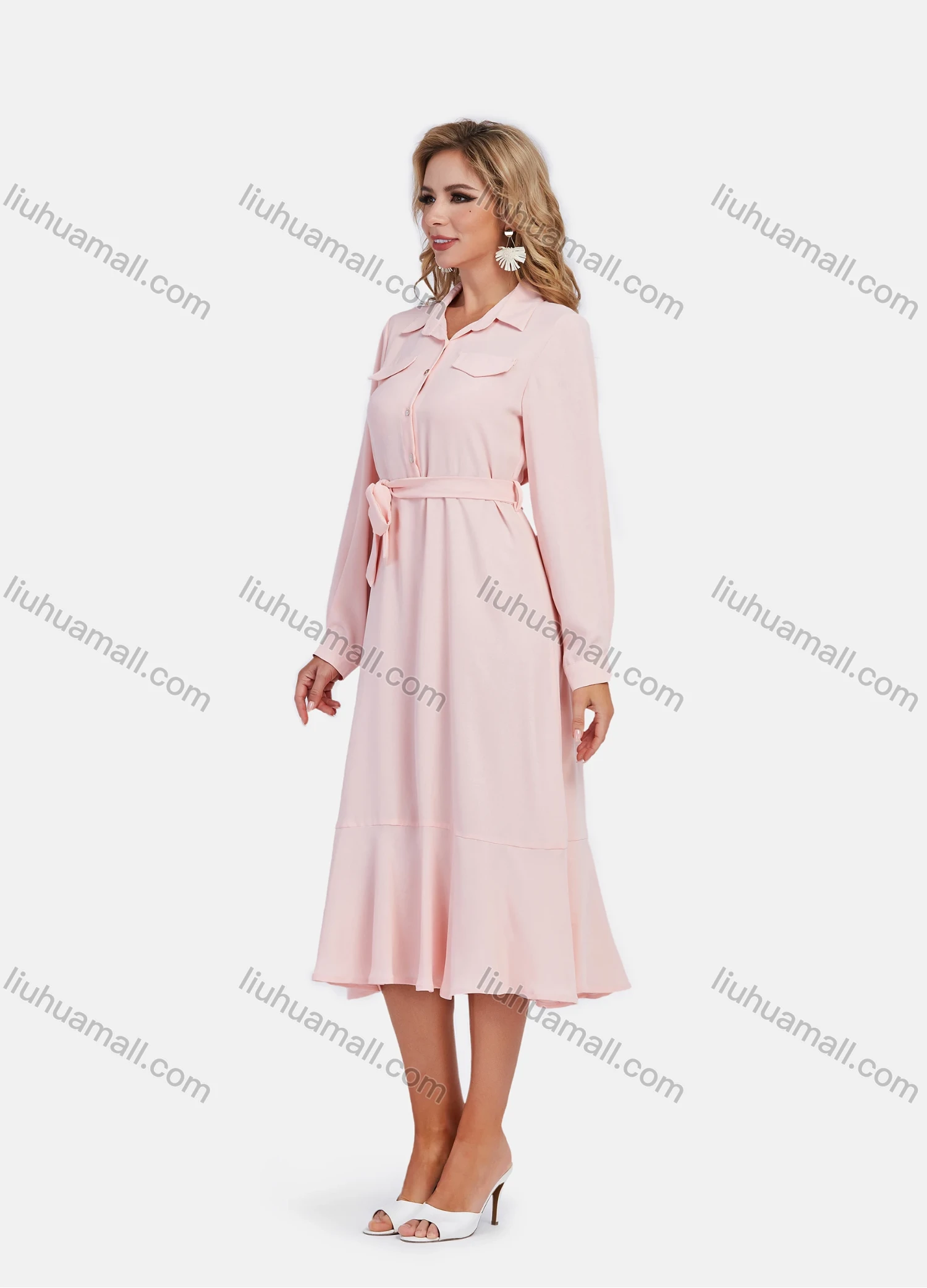 Wholesale Women's Lapel A-Line Tie Front Button Front Plain Midi Shirt Dress With Belt - Liuhuamall