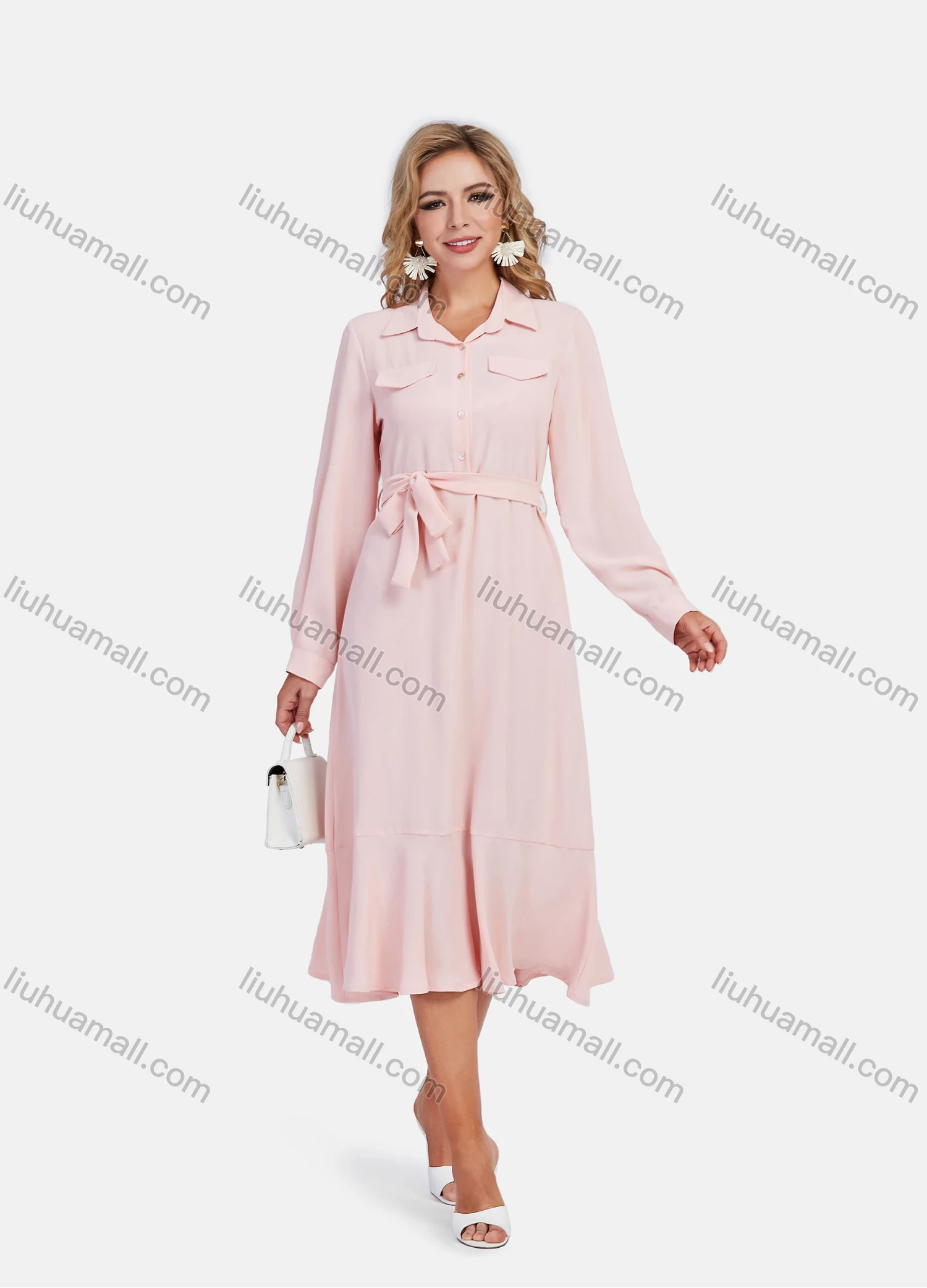Wholesale Women's Lapel A-Line Tie Front Button Front Plain Midi Shirt Dress With Belt - Liuhuamall