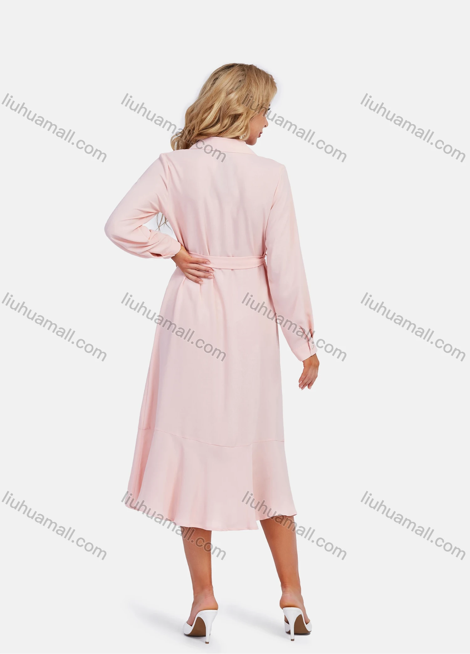 Wholesale Women's Lapel A-Line Tie Front Button Front Plain Midi Shirt Dress With Belt - Liuhuamall