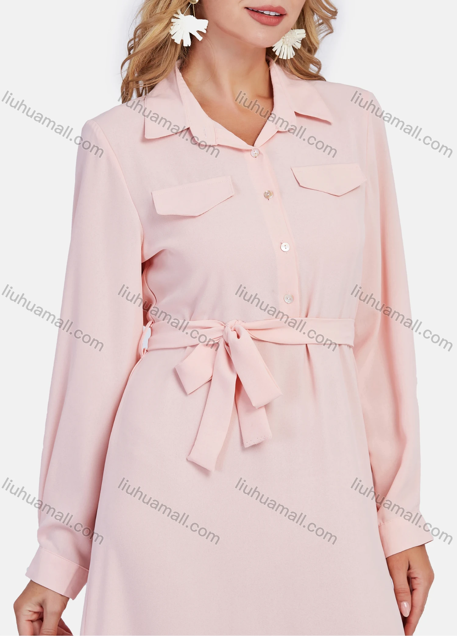 Wholesale Women's Lapel A-Line Tie Front Button Front Plain Midi Shirt Dress With Belt - Liuhuamall