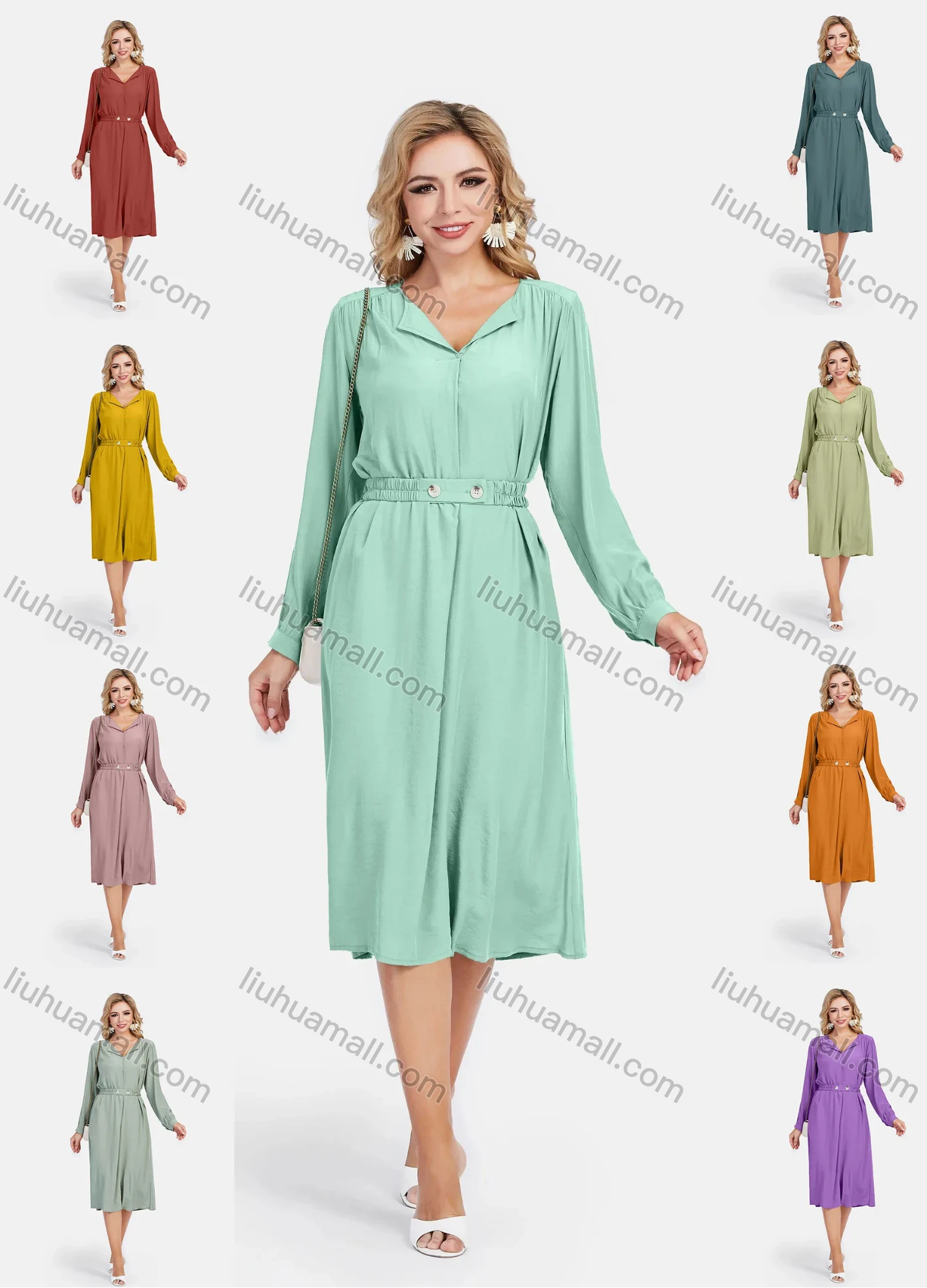 Wholesale Women's Casual Plain Turn-down Collar Button Elastic Waist Ruched Back A-Line Midi Dress - Liuhuamall