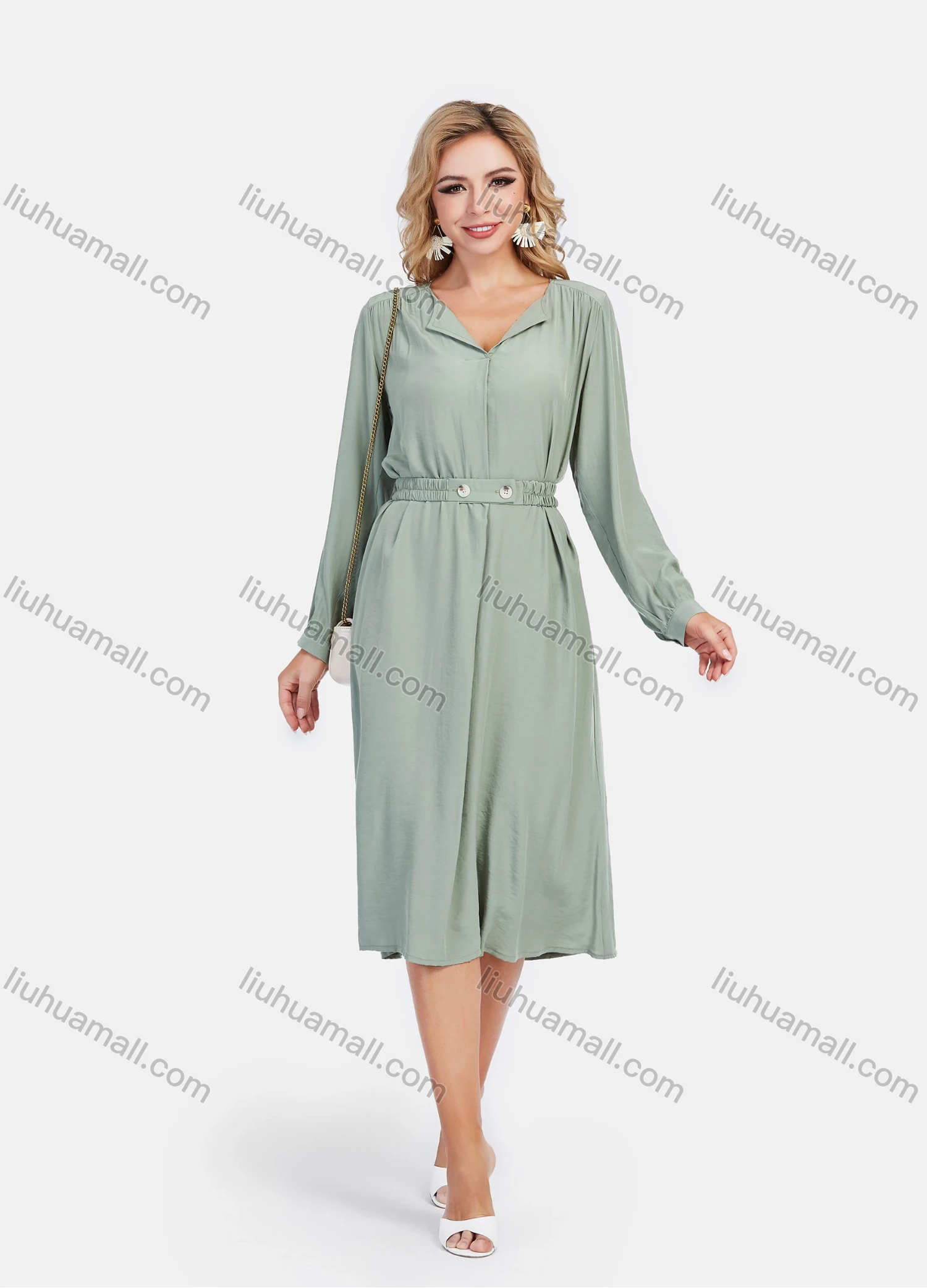 Wholesale Women's Casual Plain Turn-down Collar Button Elastic Waist Ruched Back A-Line Midi Dress - Liuhuamall