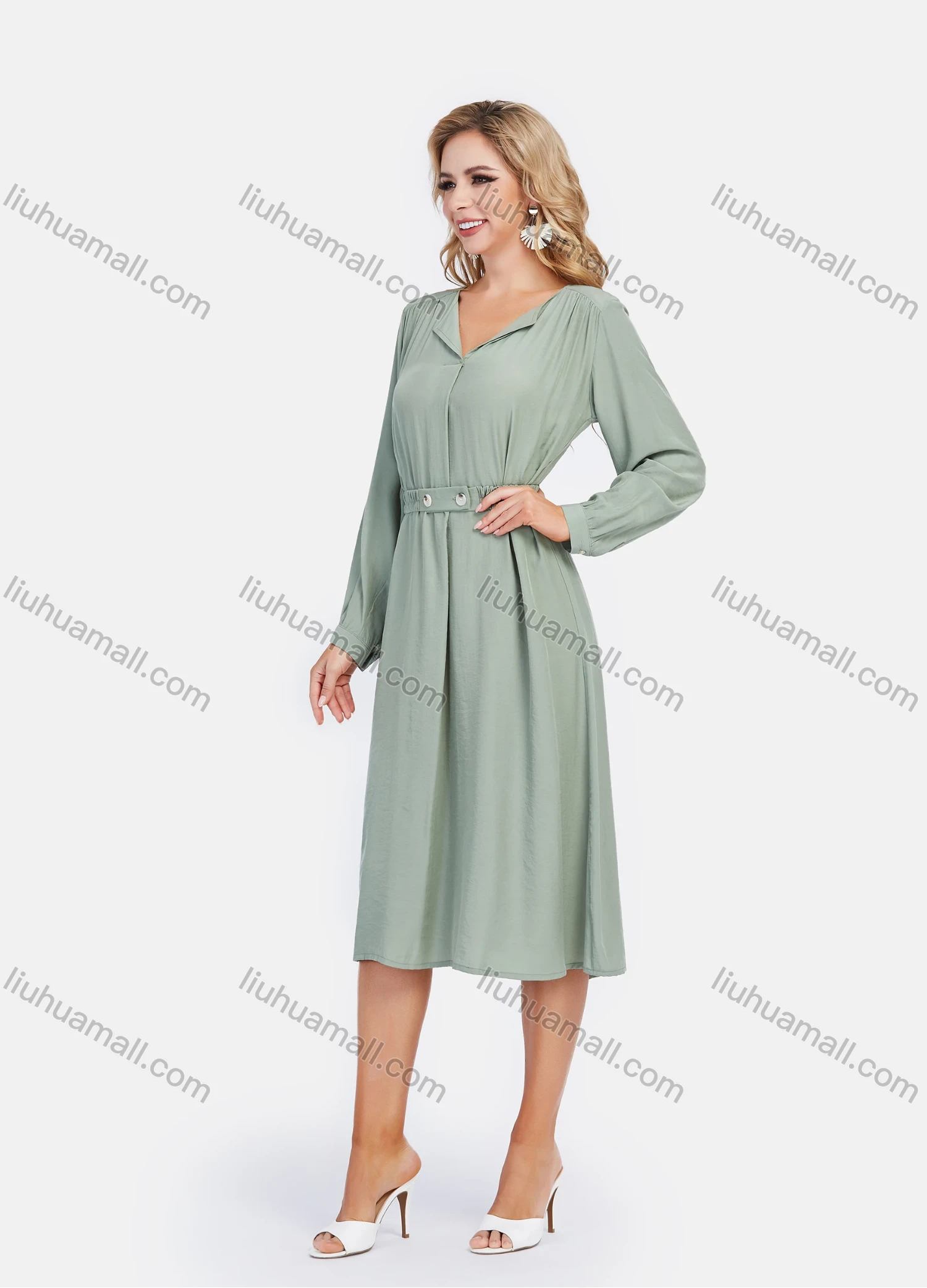 Wholesale Women's Casual Plain Turn-down Collar Button Elastic Waist Ruched Back A-Line Midi Dress - Liuhuamall