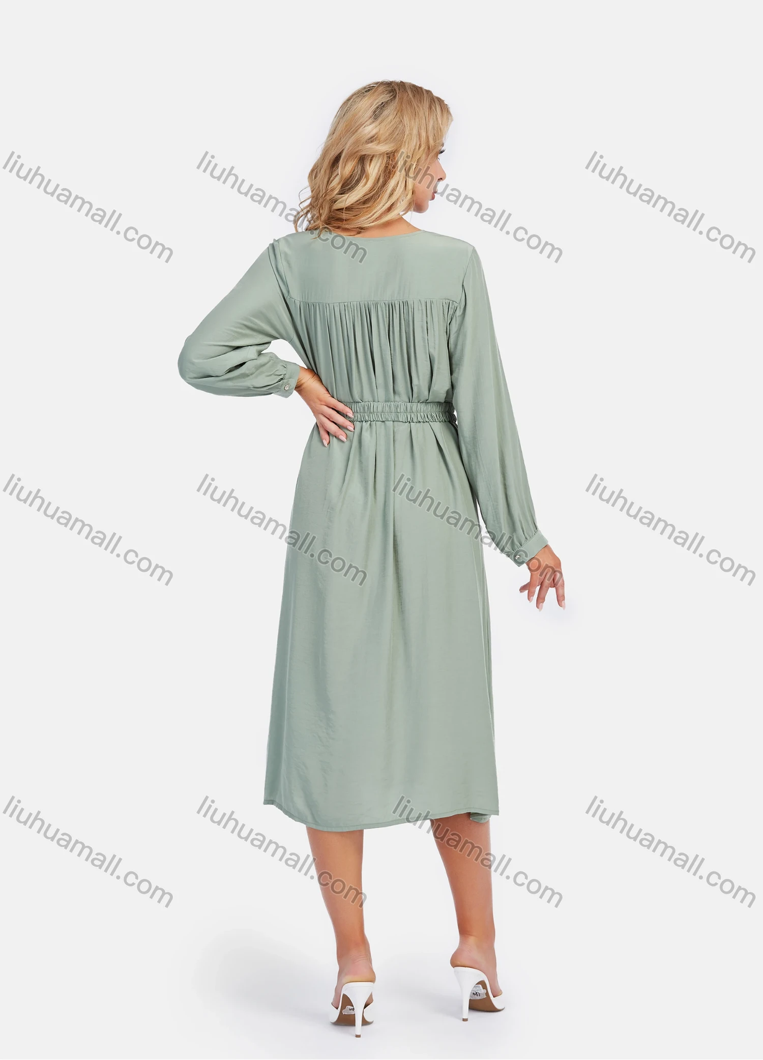 Wholesale Women's Casual Plain Turn-down Collar Button Elastic Waist Ruched Back A-Line Midi Dress - Liuhuamall