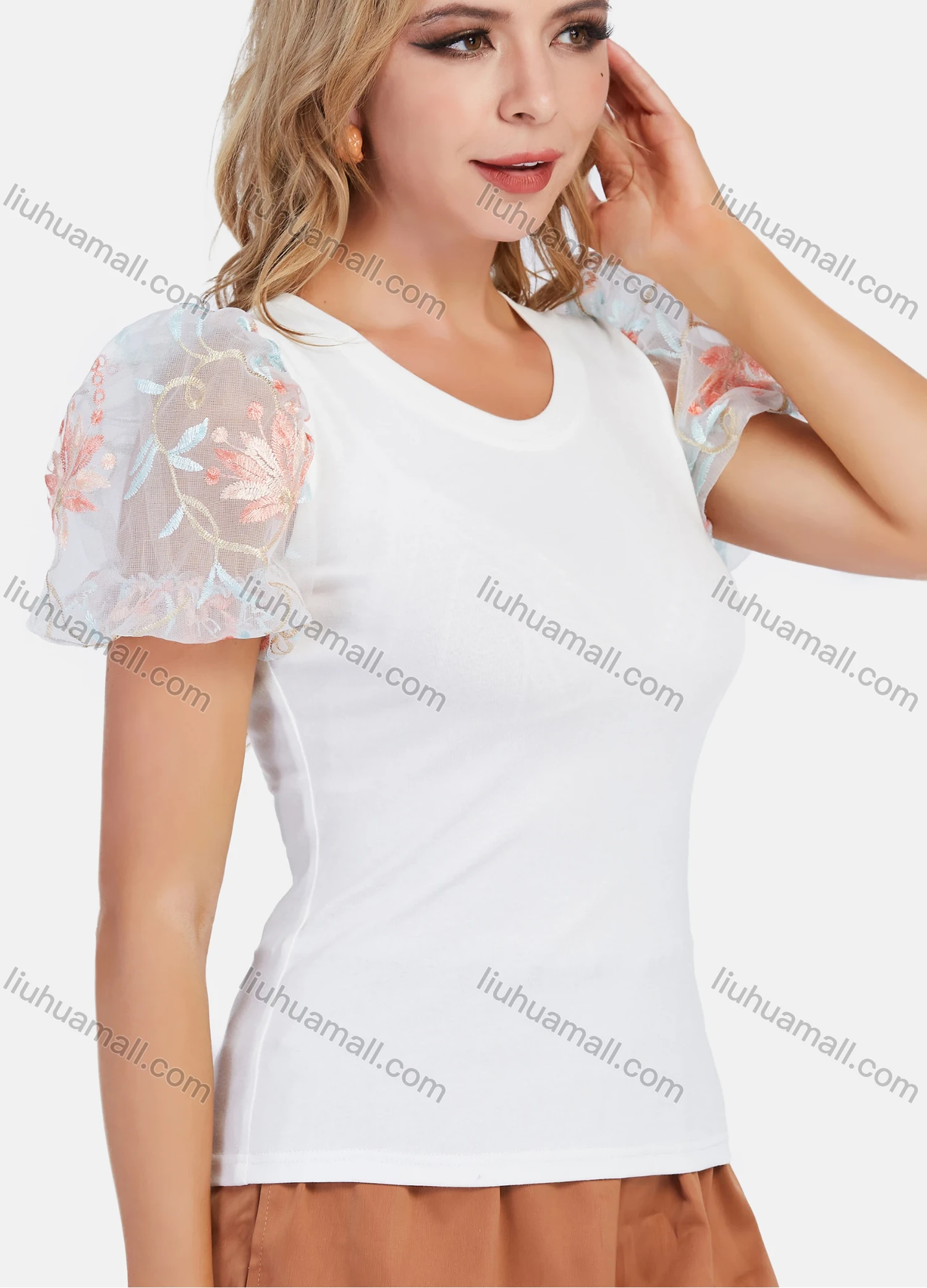 Wholesale Women's Casual Round Neck Mesh Floral Embroidery Puff Sleeve Plain Blouse - Liuhuamall