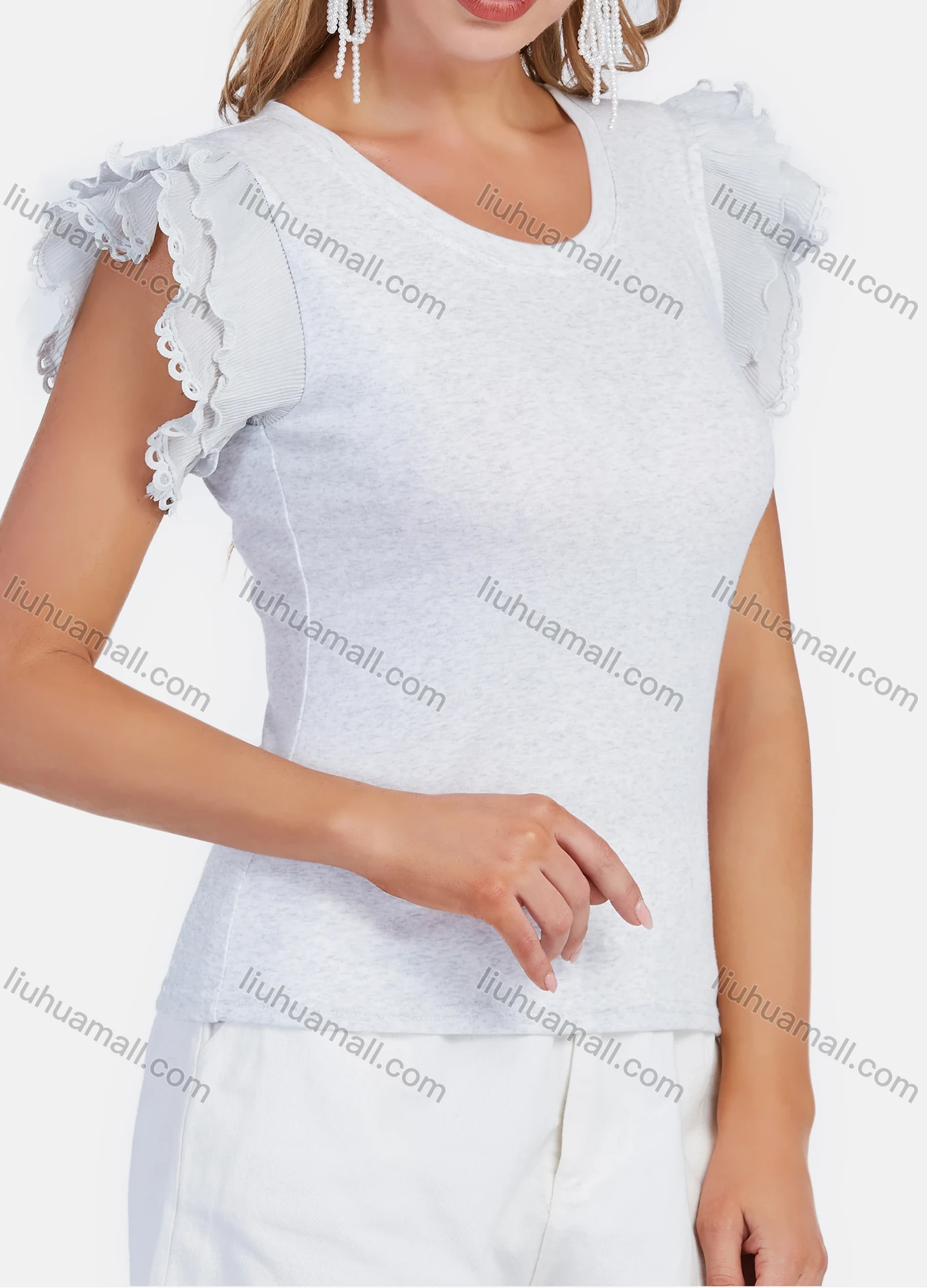 Wholesale Women's Casual Plain Round Neck Petal Short Sleeve Blouse - Liuhuamall