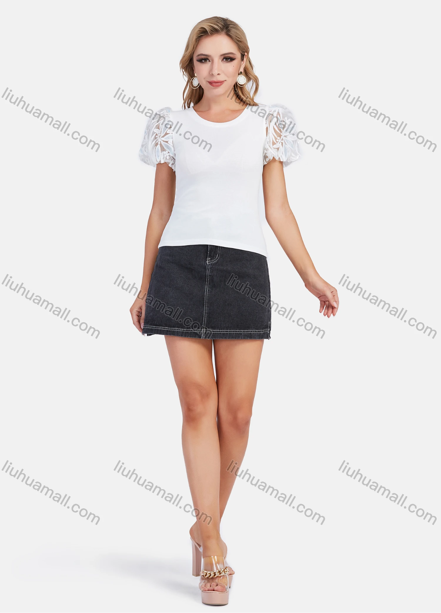 Wholesale Women's Plain Casual Embroidery Puff Sleeve Round Neck Blouse - Liuhuamall