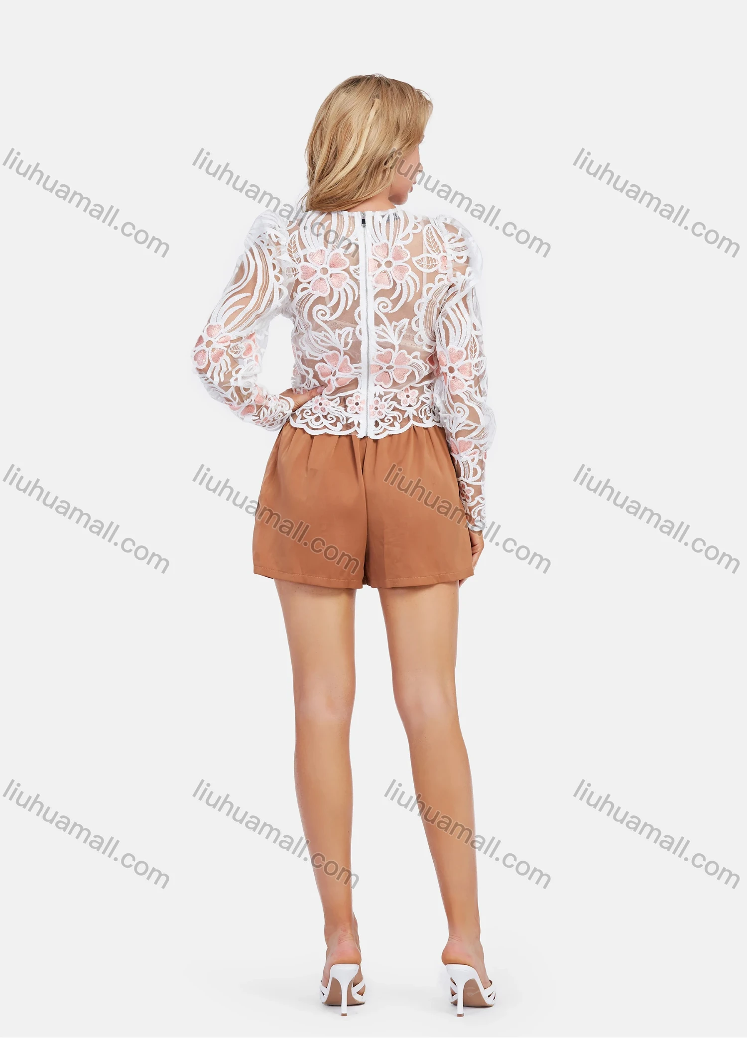 Wholesale Women's Sexy Floral Embroidery Guipure Lace Sheer Long Sleeve Blouse - Liuhuamall