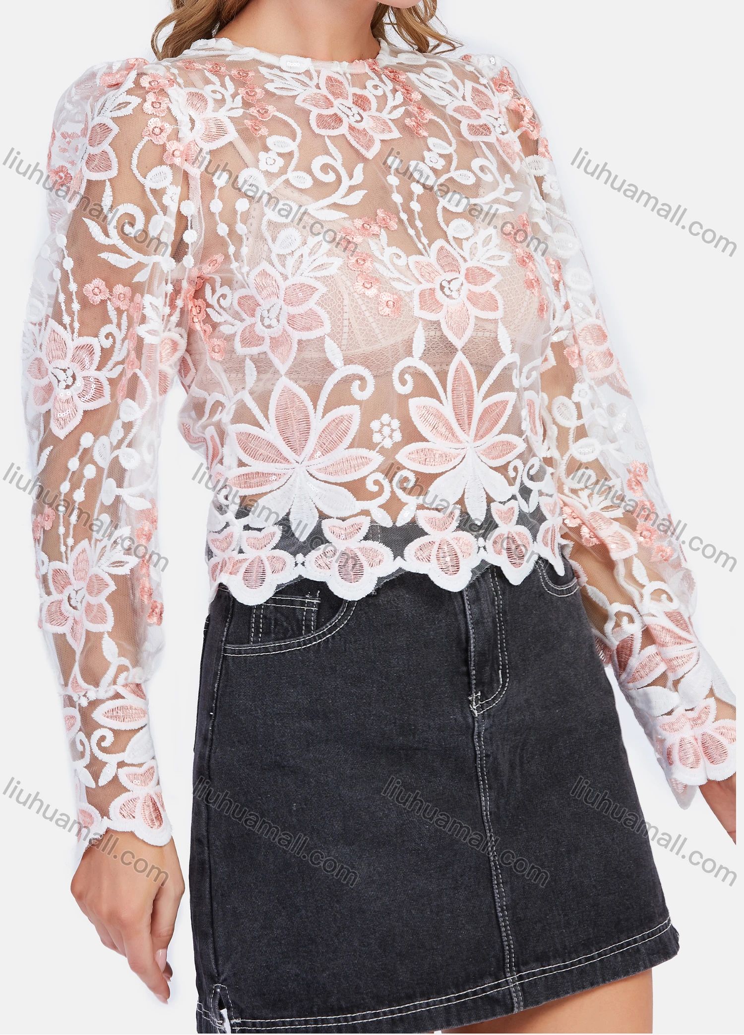 Wholesale Women's Sexy Floral Embroidery Guipure Lace Sheer Crop Long Sleeve Blouse - Liuhuamall
