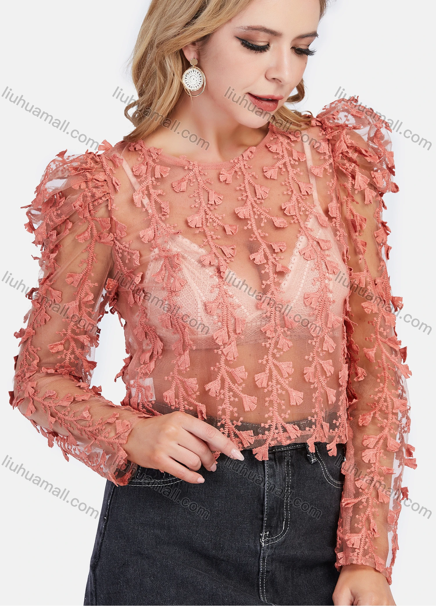 Wholesale Women's Sexy Floral Embroidery Round Neck Sheer Long Sleeve Blouse - Liuhuamall