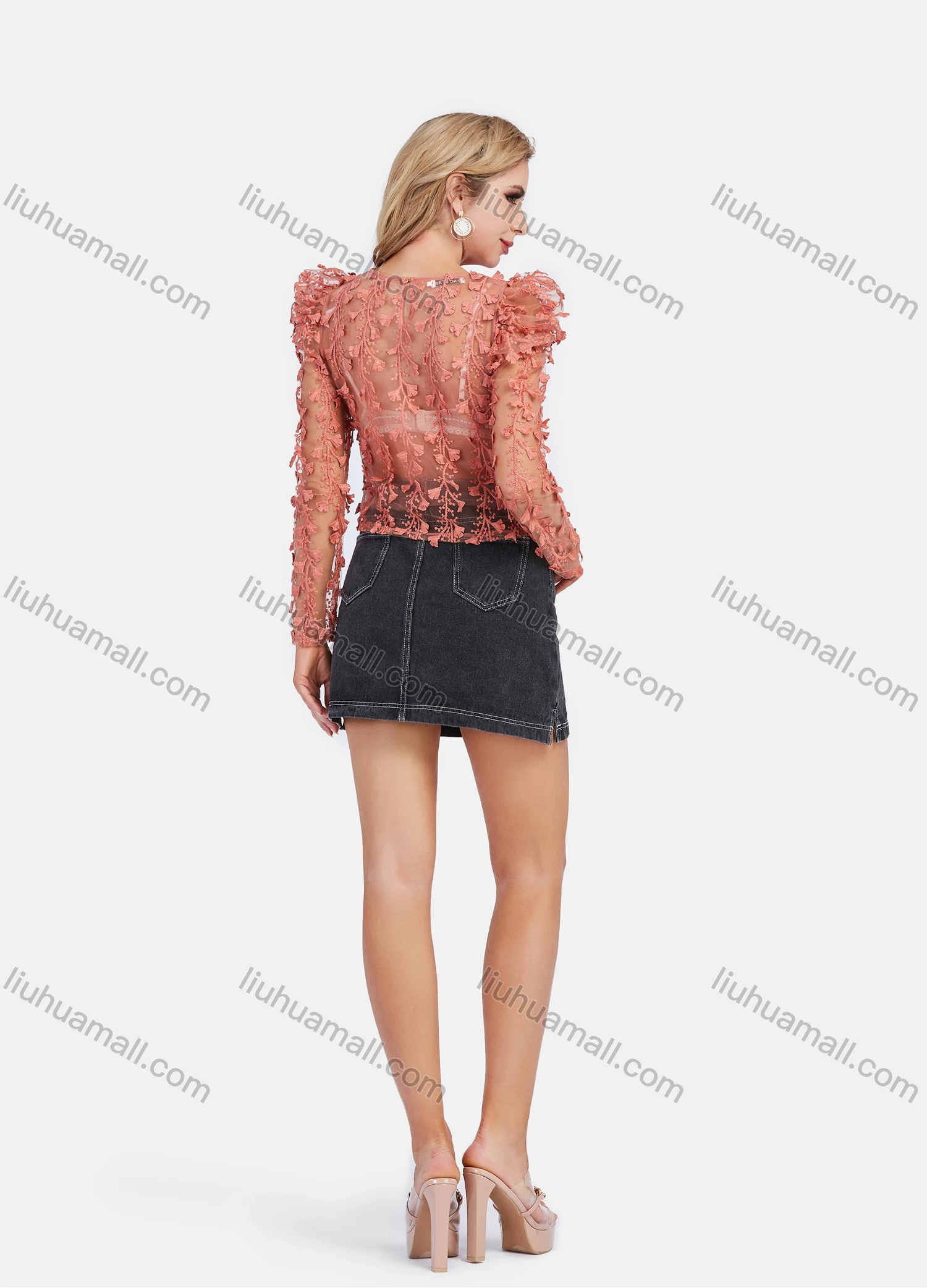 Wholesale Women's Sexy Floral Embroidery Round Neck Sheer Long Sleeve Blouse - Liuhuamall