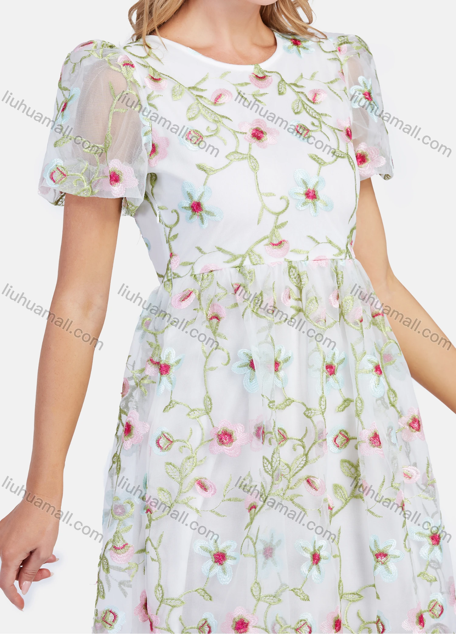 Wholesale Women's Casual Puff Sleeve Mesh Sheer High Waist Floral Embroidery Knee Length Dress - Liuhuamall