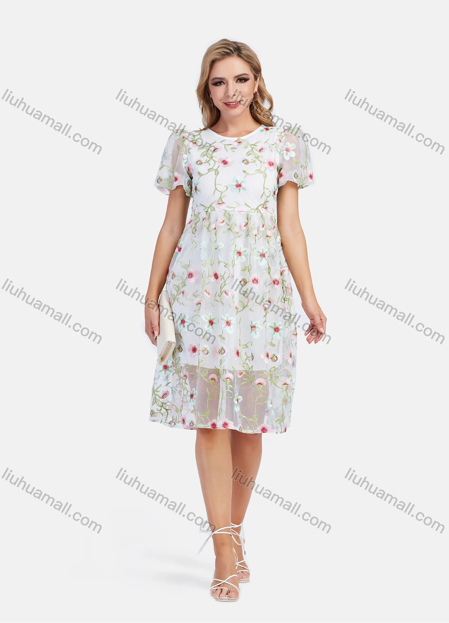 Wholesale Women's Casual Puff Sleeve Mesh Sheer High Waist Floral Embroidery Knee Length Dress - Liuhuamall