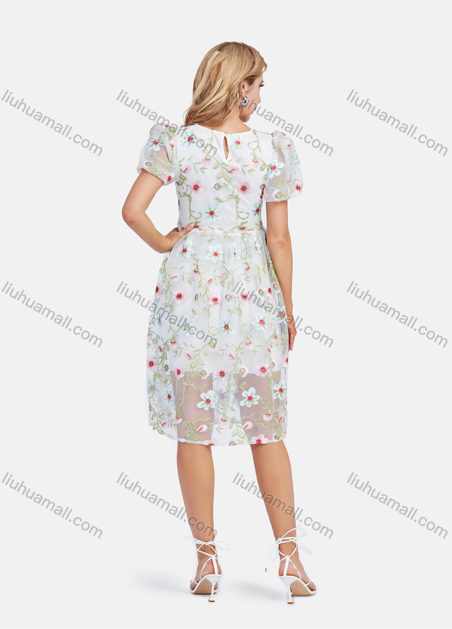 Wholesale Women's Casual Puff Sleeve Mesh Sheer High Waist Floral Embroidery Knee Length Dress - Liuhuamall