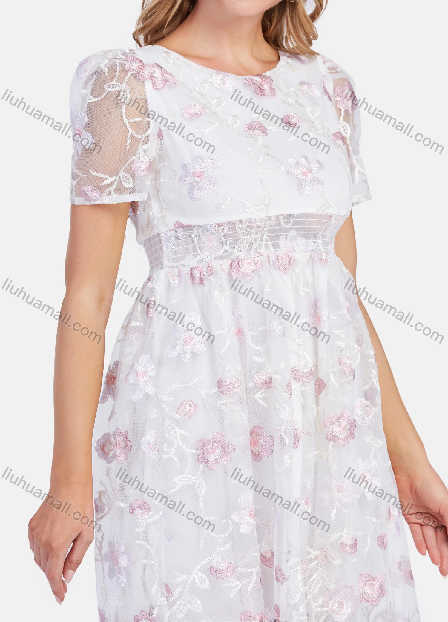 Wholesale Women's Casual Puff Sleeve Mesh Sheer High Waist Floral Embroidery Knee Length Dress - Liuhuamall