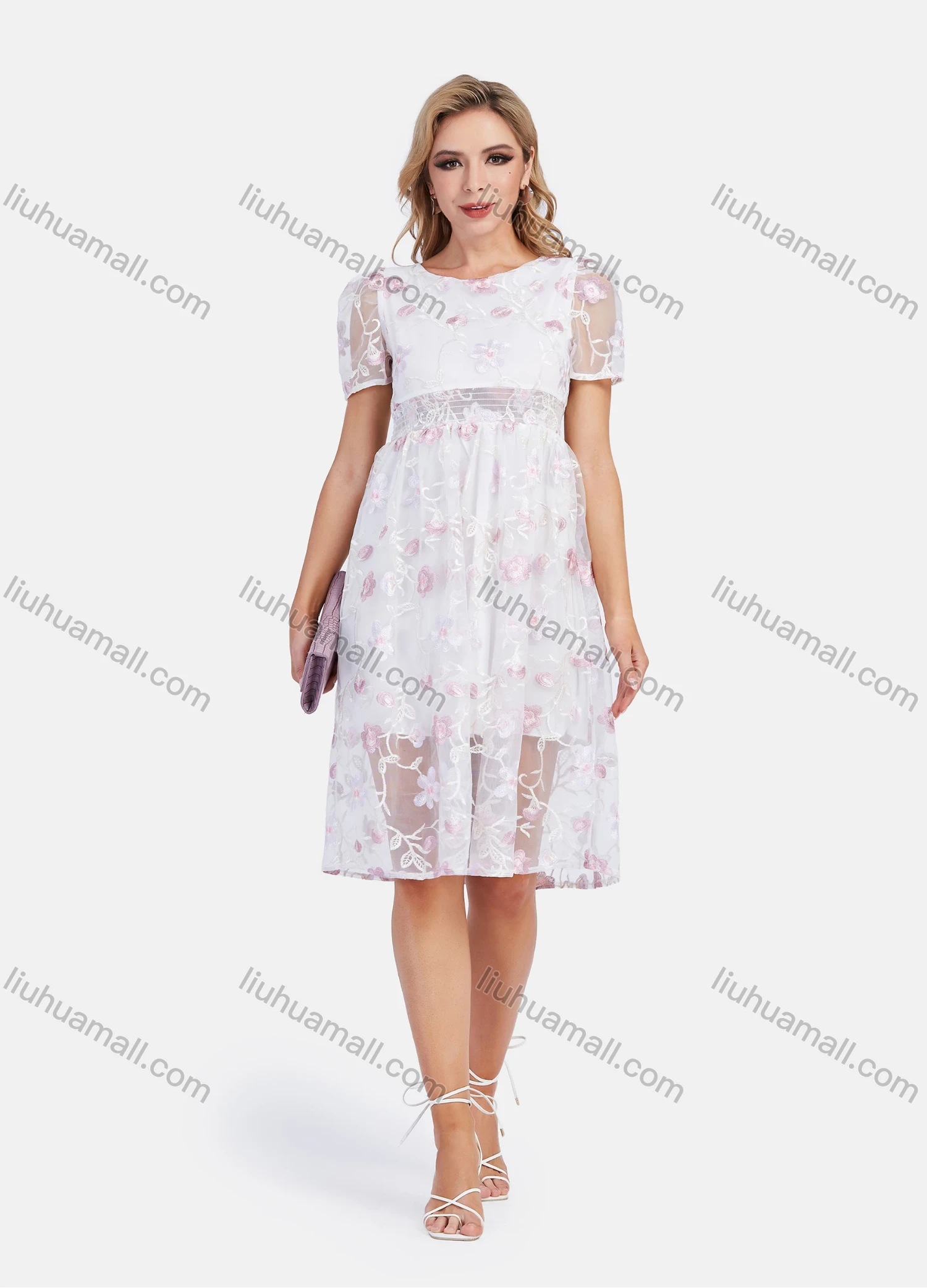 Wholesale Women's Casual Puff Sleeve Mesh Sheer High Waist Floral Embroidery Knee Length Dress - Liuhuamall