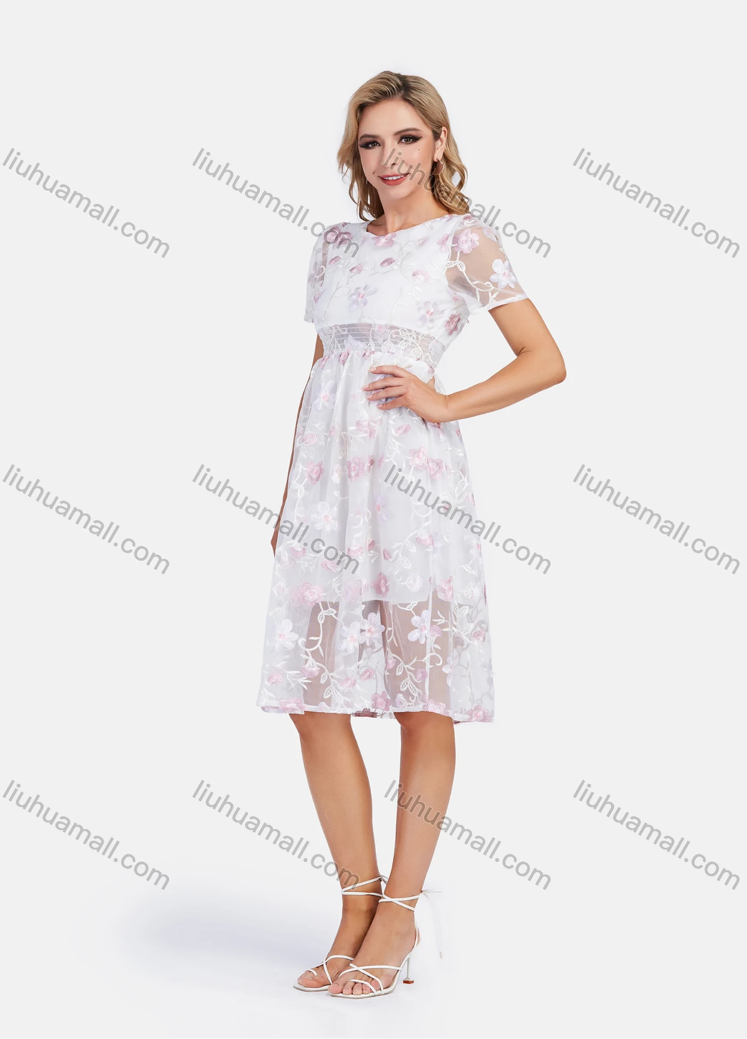 Wholesale Women's Casual Puff Sleeve Mesh Sheer High Waist Floral Embroidery Knee Length Dress - Liuhuamall