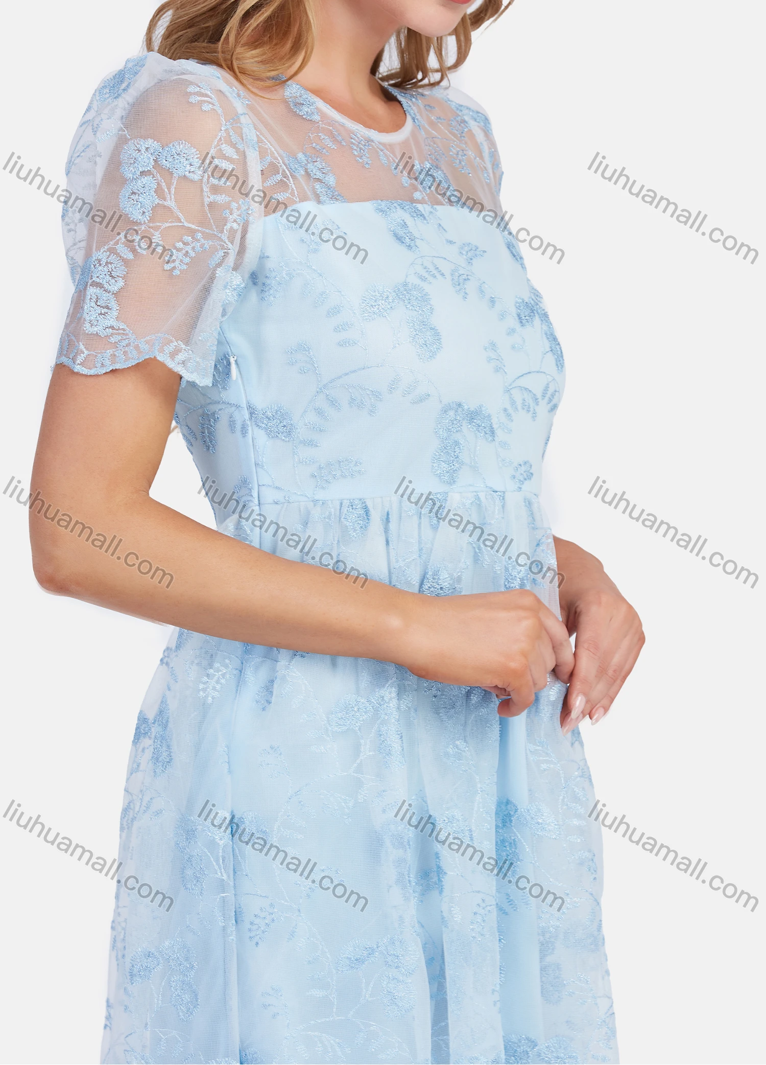 Wholesale Women's Casual Embroidery Mesh Ruffle Hem Puff Sleeve Knee Length Dress - Liuhuamall