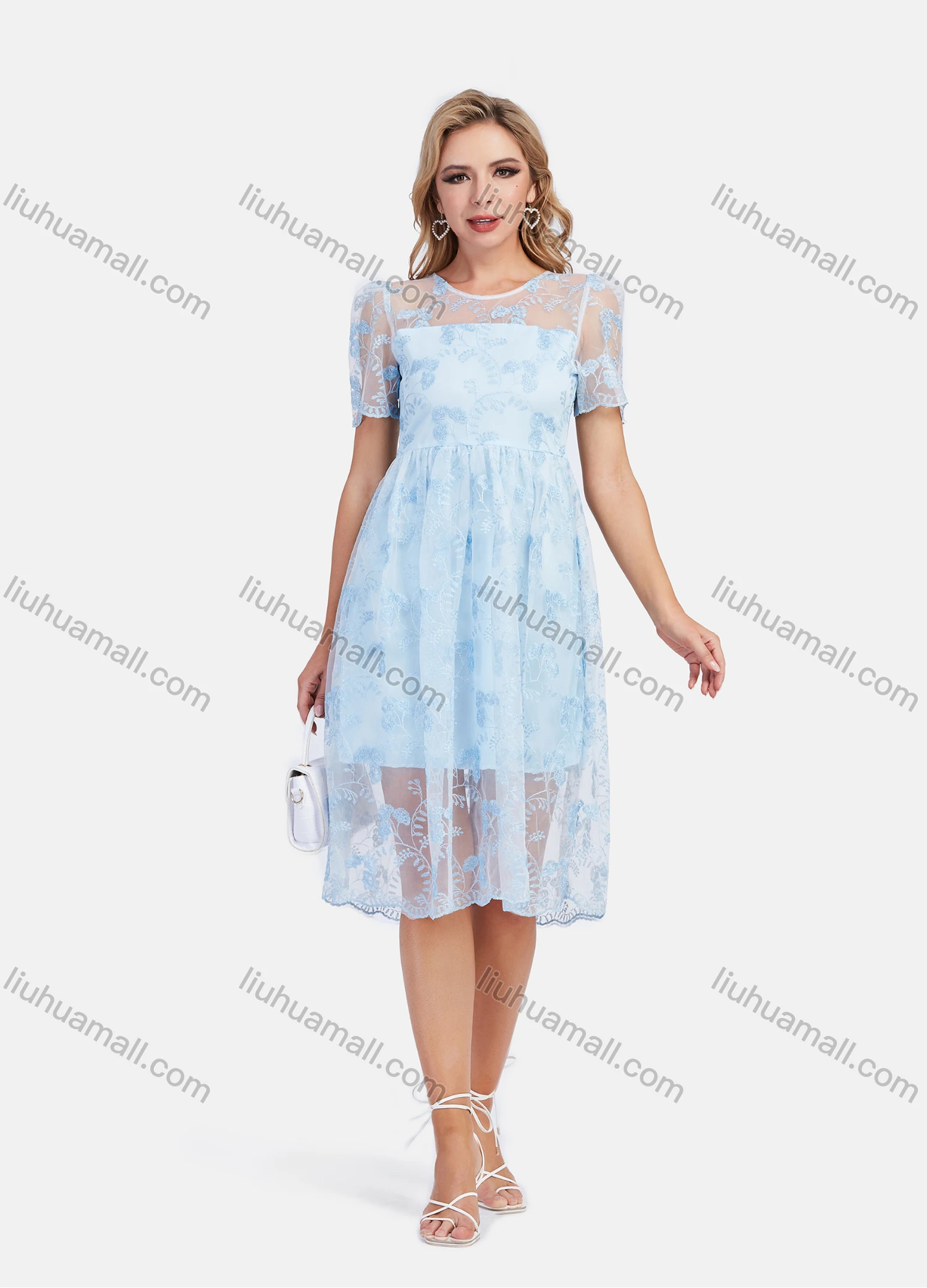 Wholesale Women's Casual Embroidery Mesh Ruffle Hem Puff Sleeve Knee Length Dress - Liuhuamall