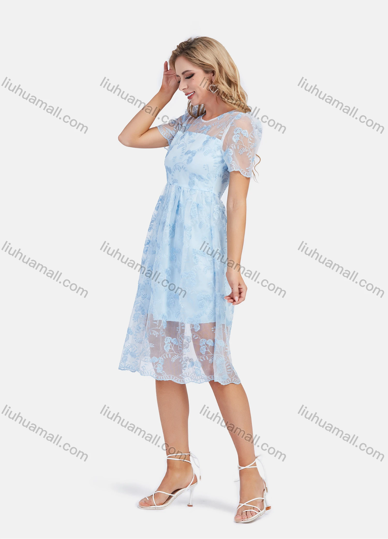 Wholesale Women's Casual Embroidery Mesh Ruffle Hem Puff Sleeve Knee Length Dress - Liuhuamall