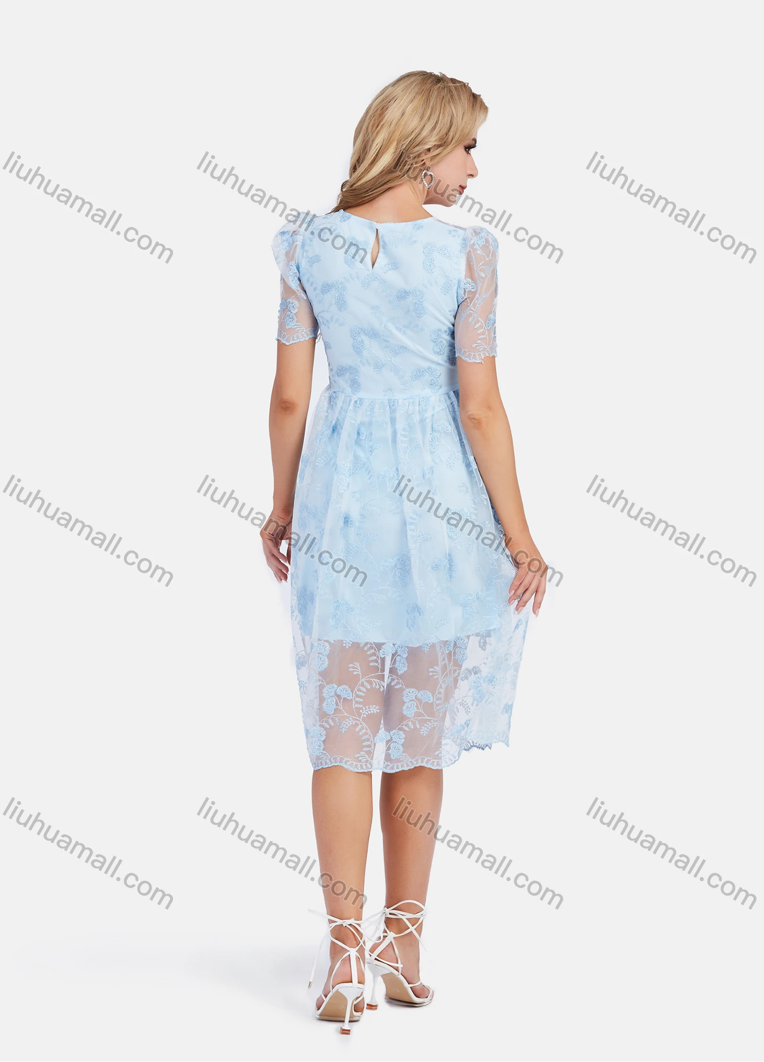 Wholesale Women's Casual Embroidery Mesh Ruffle Hem Puff Sleeve Knee Length Dress - Liuhuamall