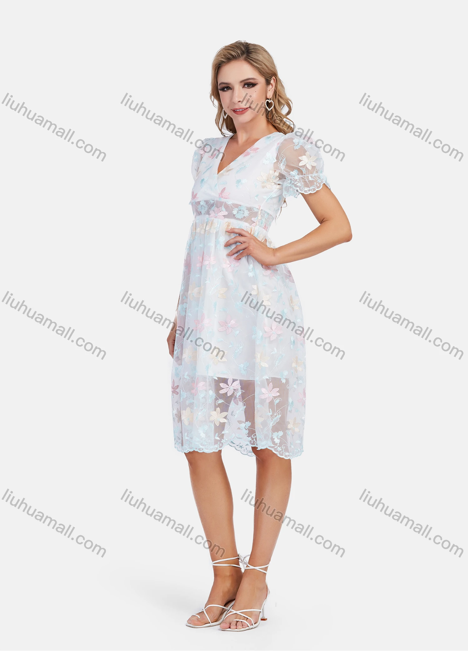 Wholesale Women's Casual Embroidery Wrap V Neck High Waist Puff Sleeve Ditsy Floral Knee Length Dress - Liuhuamall