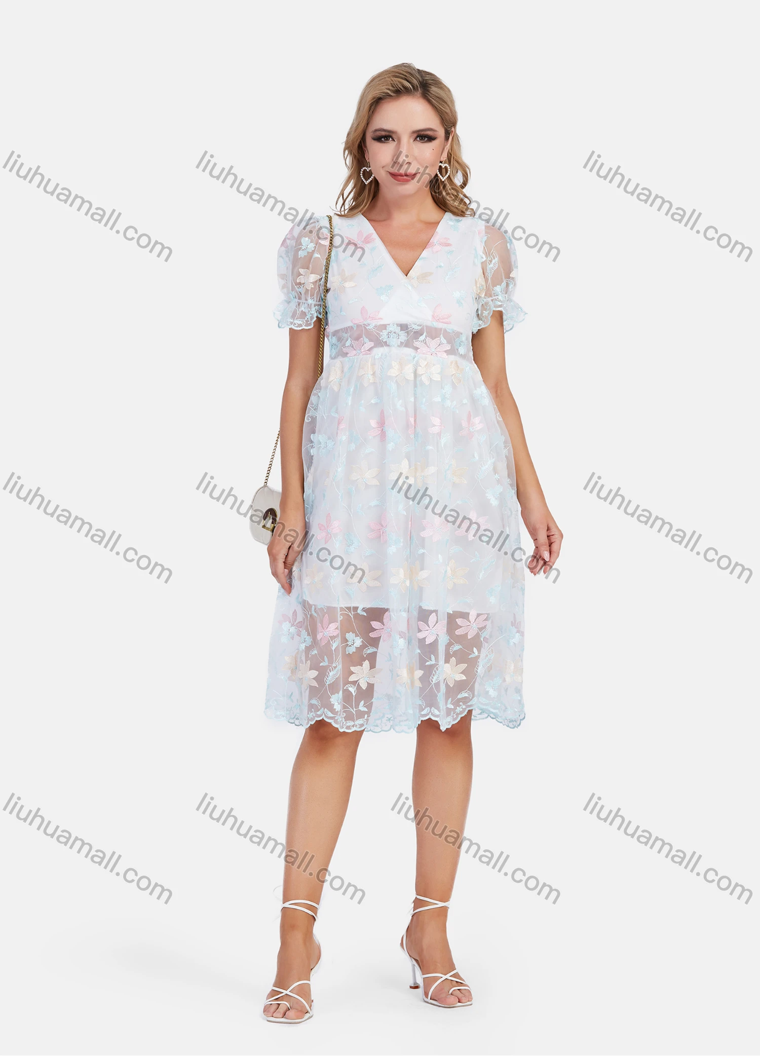 Wholesale Women's Casual Embroidery Wrap V Neck High Waist Puff Sleeve Ditsy Floral Knee Length Dress - Liuhuamall