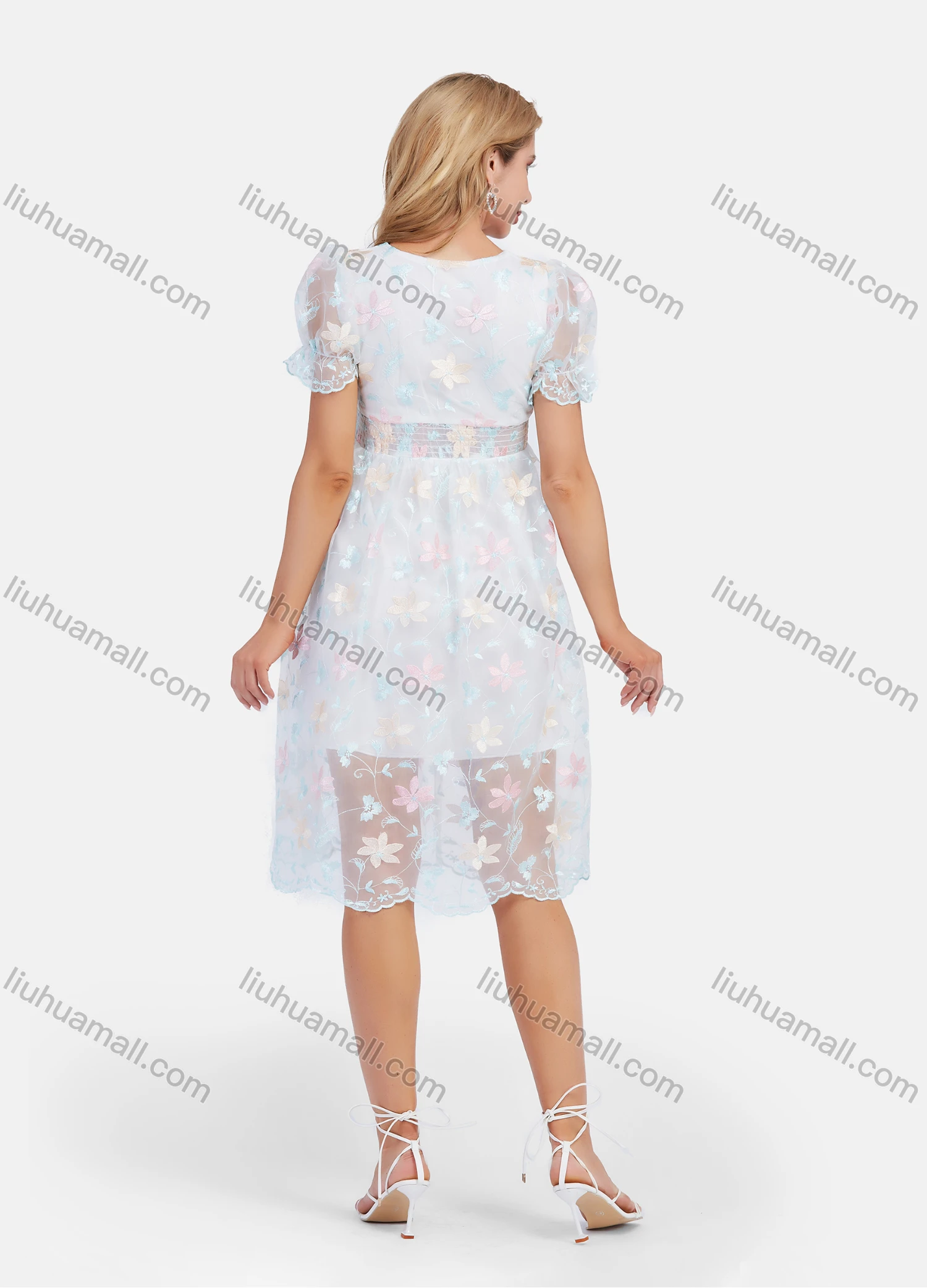 Wholesale Women's Casual Embroidery Wrap V Neck High Waist Puff Sleeve Ditsy Floral Knee Length Dress - Liuhuamall