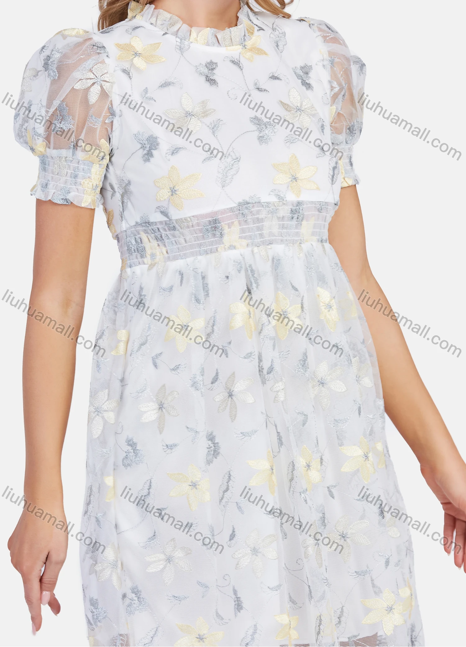 Wholesale Women's Casual Embroidery Mesh Ruffle Trim Mock Neck Puff Sleeve Knee Length Dress - Liuhuamall