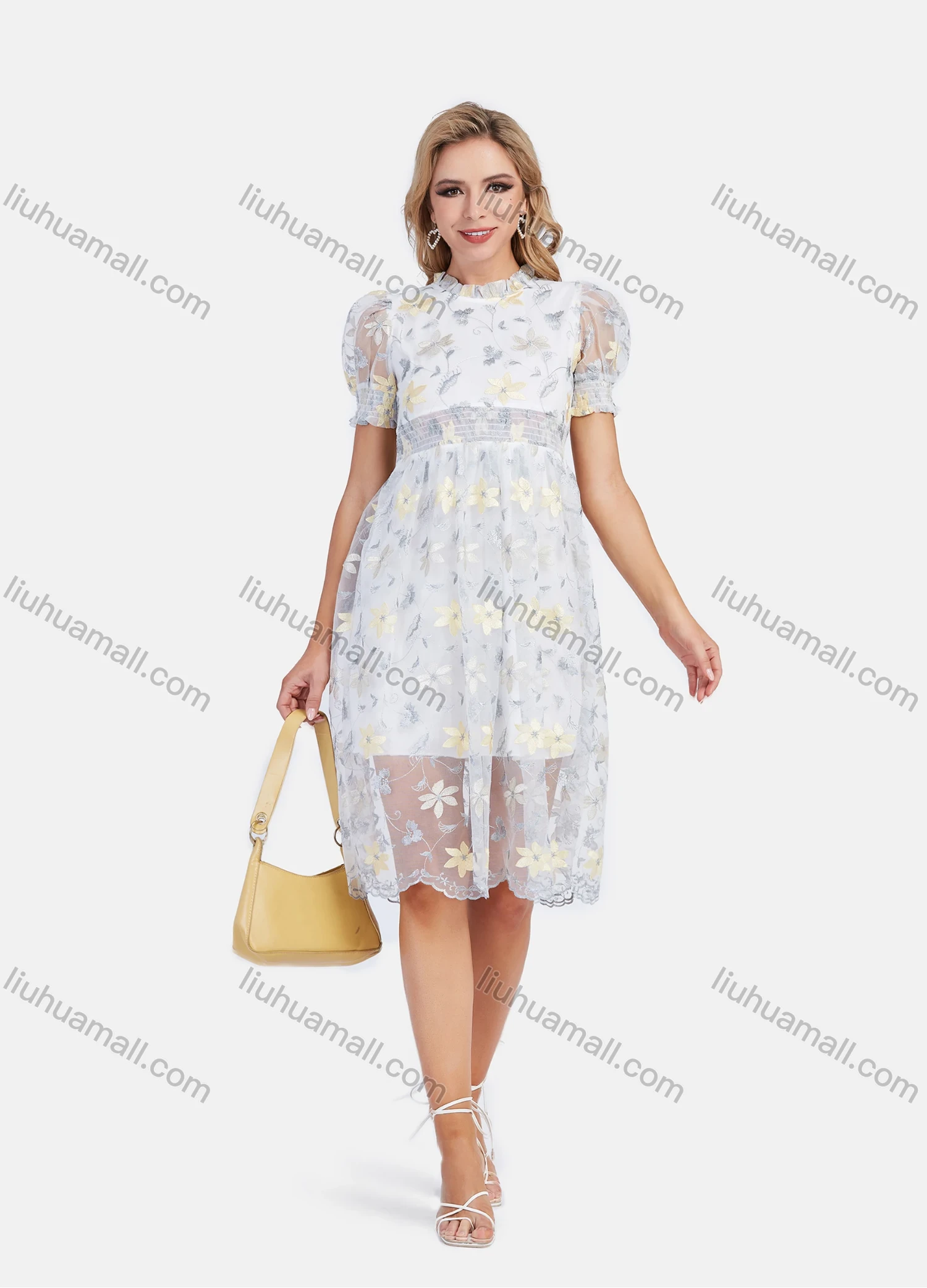 Wholesale Women's Casual Embroidery Mesh Ruffle Trim Mock Neck Puff Sleeve Knee Length Dress - Liuhuamall