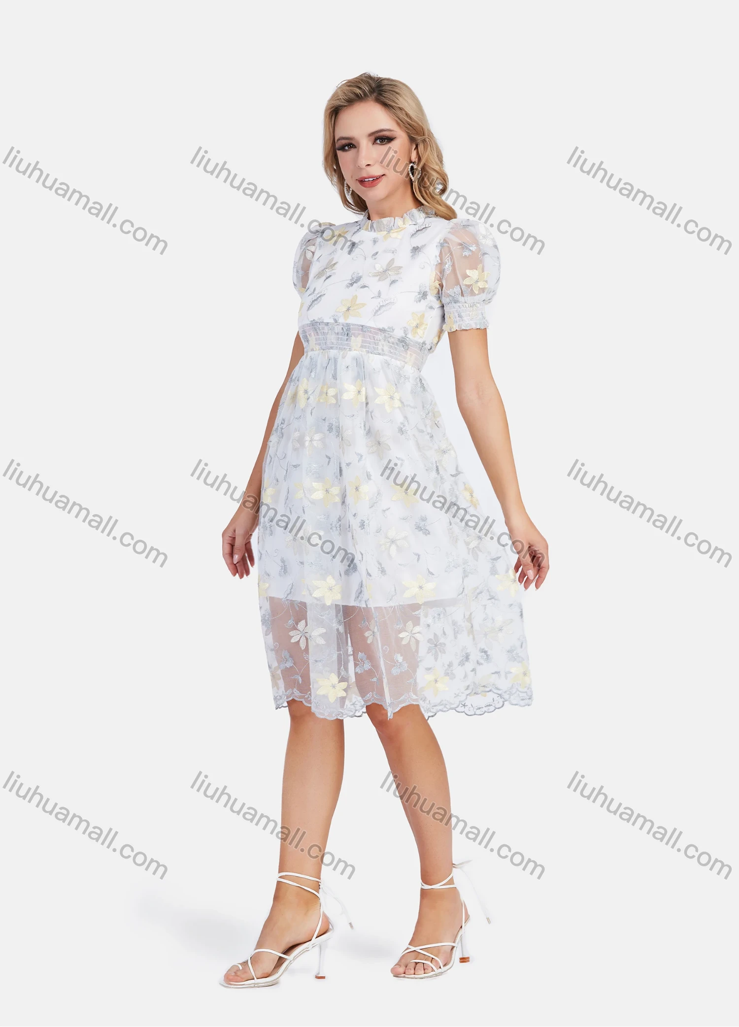 Wholesale Women's Casual Embroidery Mesh Ruffle Trim Mock Neck Puff Sleeve Knee Length Dress - Liuhuamall